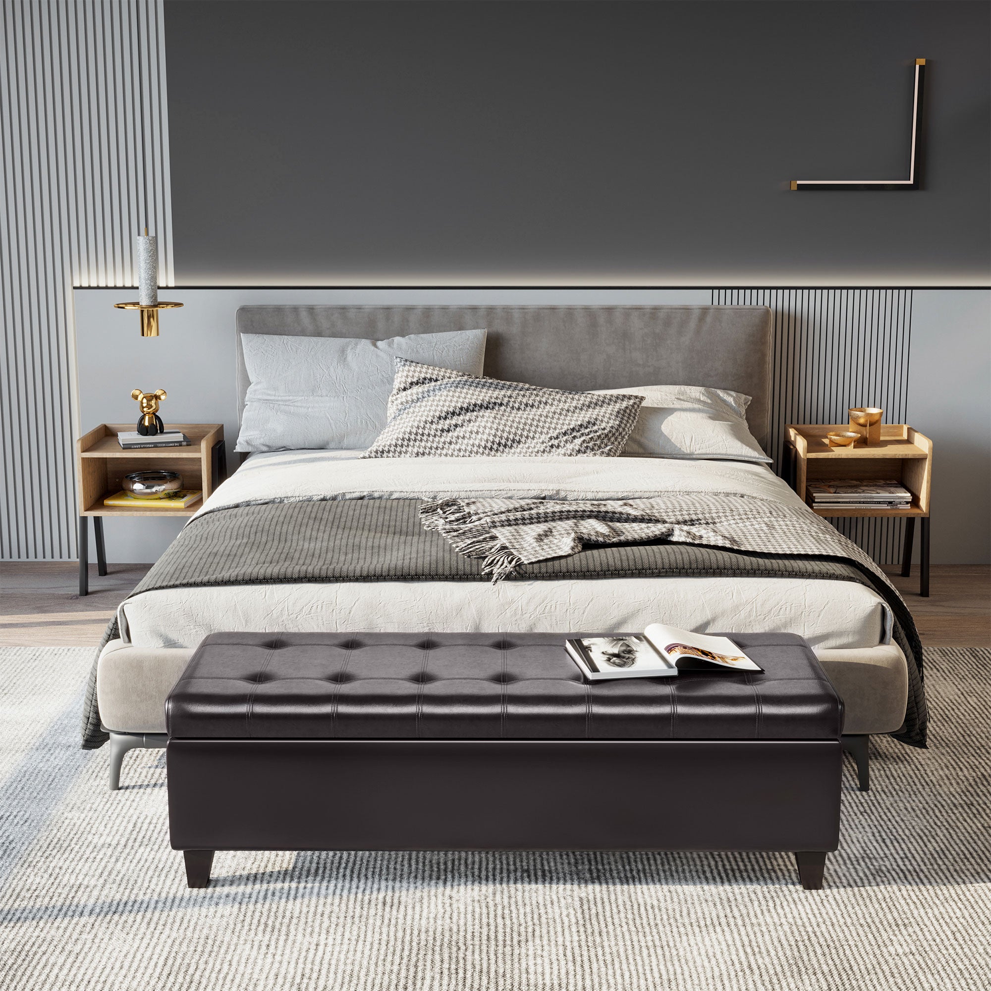 Storage Ottoman Bench, Foot Rest with Solid Wood Legs, End of Bed Bench, 51 Inches PU Leather Storage Chest for Living Room, Bedroom, Entryway, Brown