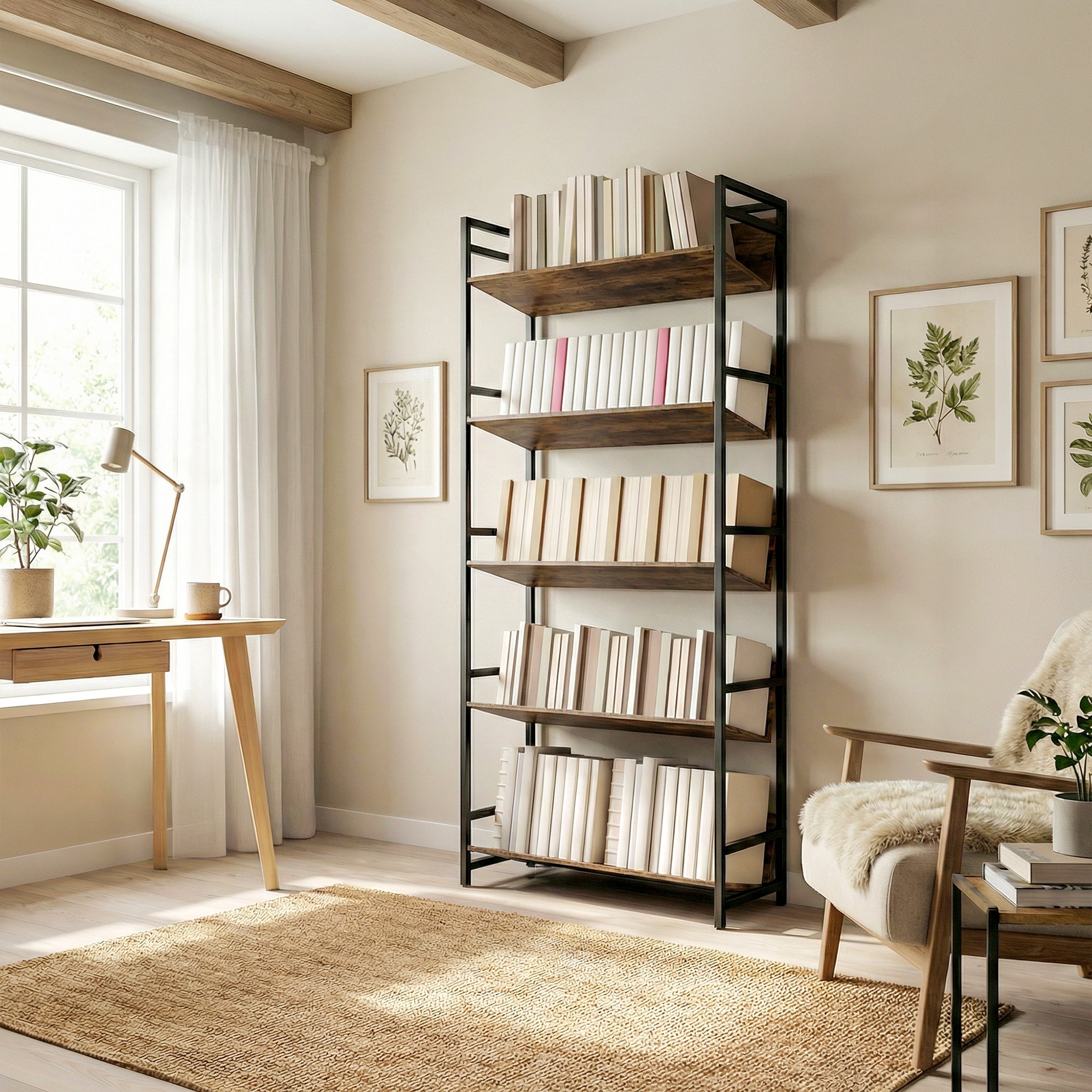 Room Divider Bookshelf, 5-Tier Bookcase, Storage Shelves with Metal Frame and Anti-Slip Design for Living Room, Bedroom, Home Office, Rustic Brown