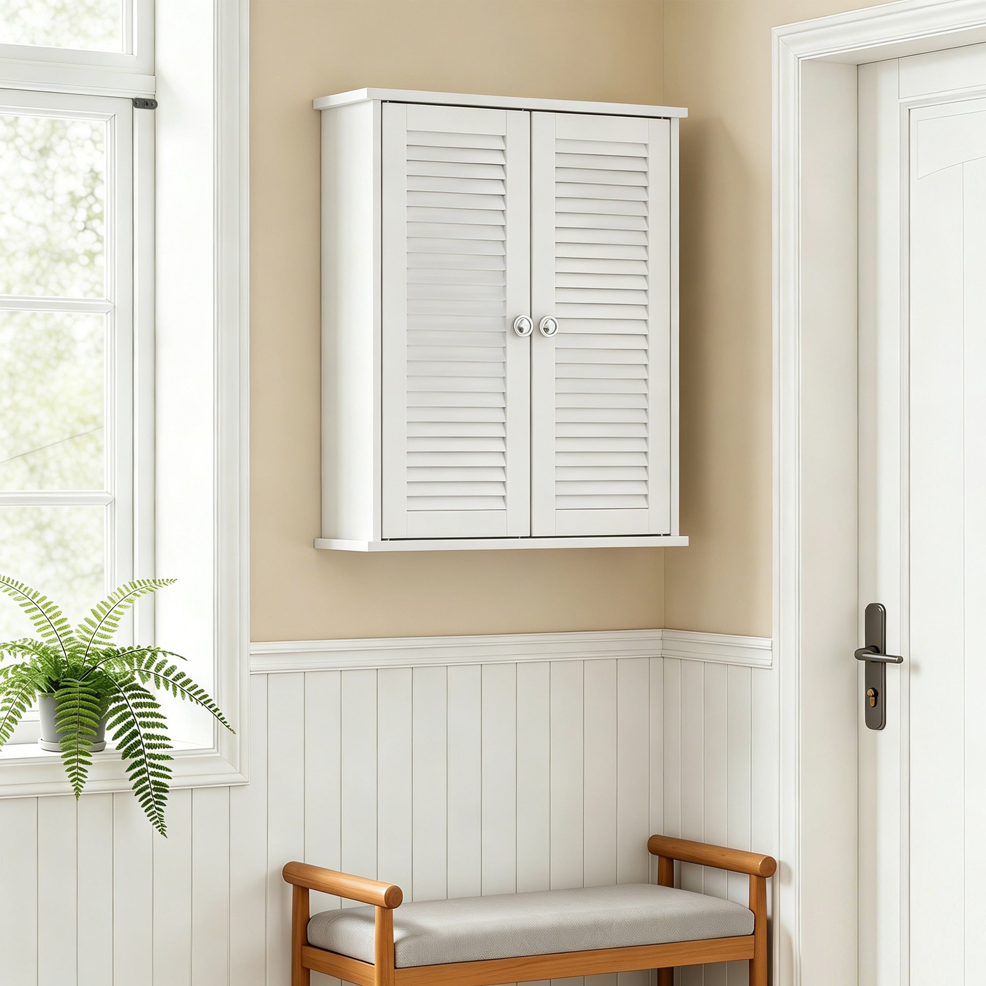 Bathroom Wall Cabinet, Wall-Mounted Over-The-Toilet Space Saver with Louvered Doors and Adjustable Shelf Storage for Kitchen, Living Room, White