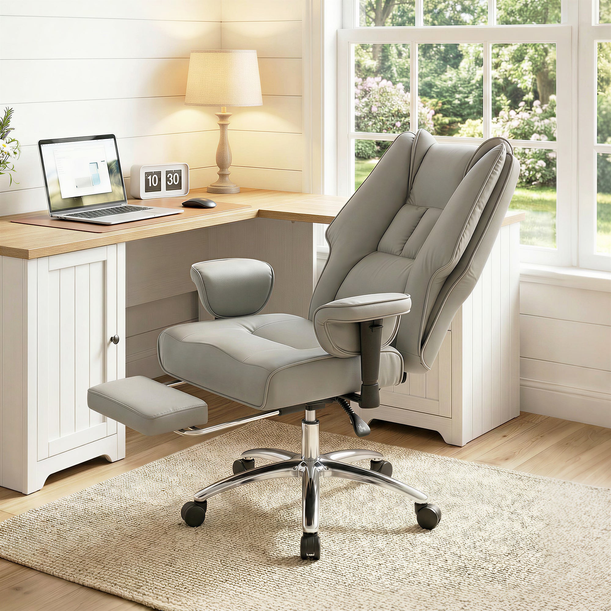 Ergonomic Executive Office Chair with Foot Rest, Reclining Swivel Computer Desk Chair with Adjustable Armrests, Spring Seat, High Back, Thick Cushion, Pet Friendly Faux Leather, Light Gray