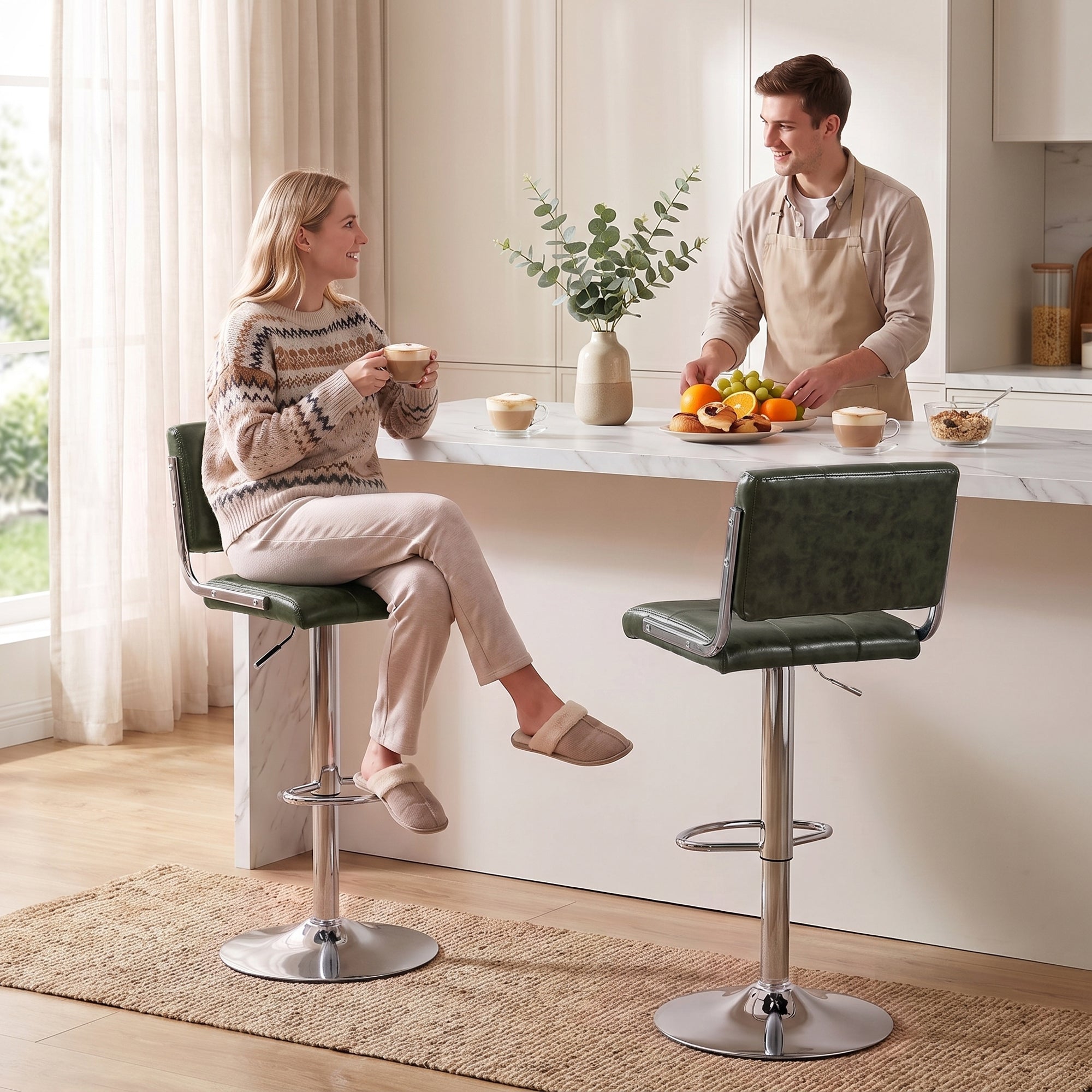 Breakfast Bar Stools Set of 2, Modern PU Leather Swivel BarStools, Adjustable Counter Height Bar Chairs with Backrest and Footrest for Kitchen Island, Dining Room, Bar, Green
