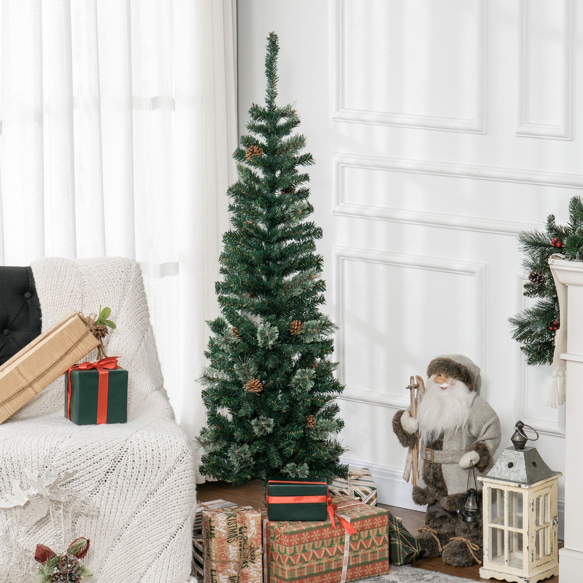 HOMCOM 5ft Pencil Artificial Christmas Tree, Xmas Tree with Thin Pine Needles and Realistic Branches, Pine Cones, Metal Base, Green