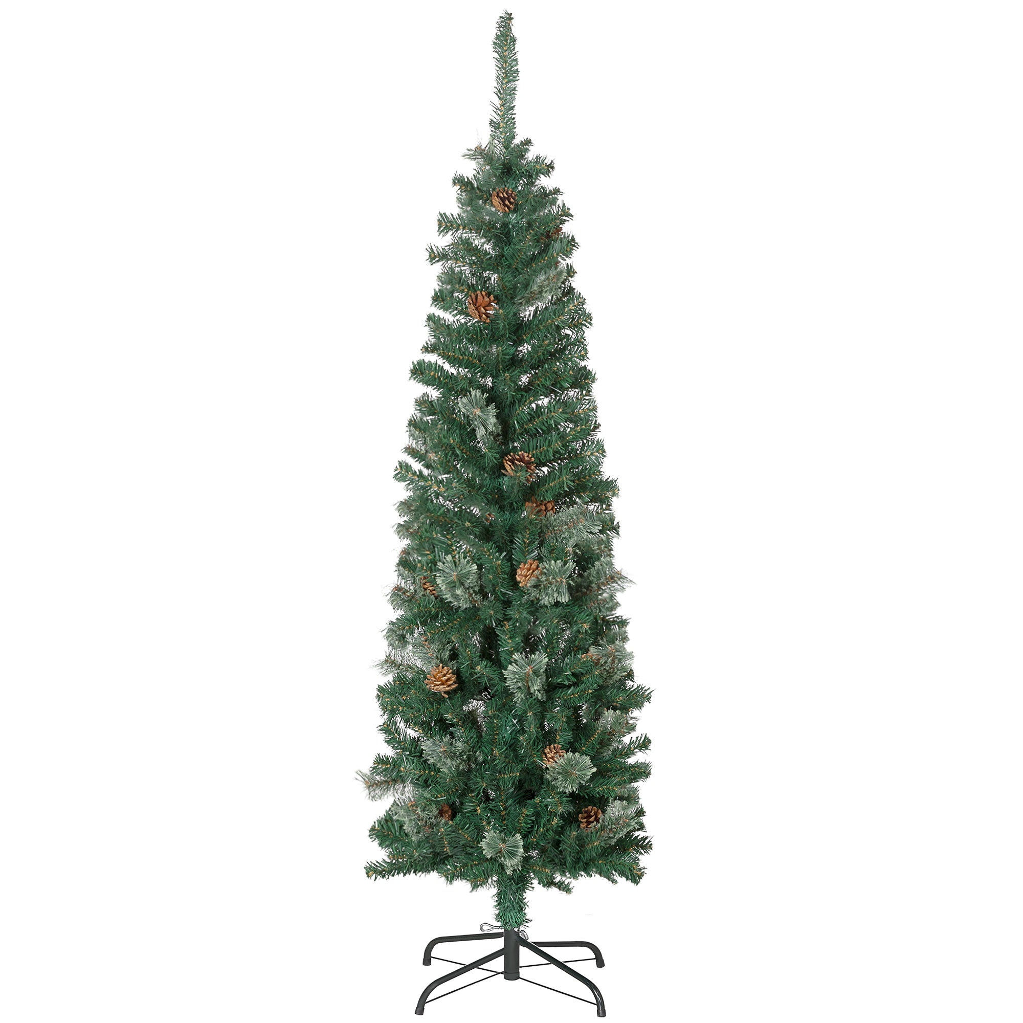 HOMCOM 5ft Pencil Artificial Christmas Tree, Xmas Tree with Thin Pine Needles and Realistic Branches, Pine Cones, Metal Base, Green