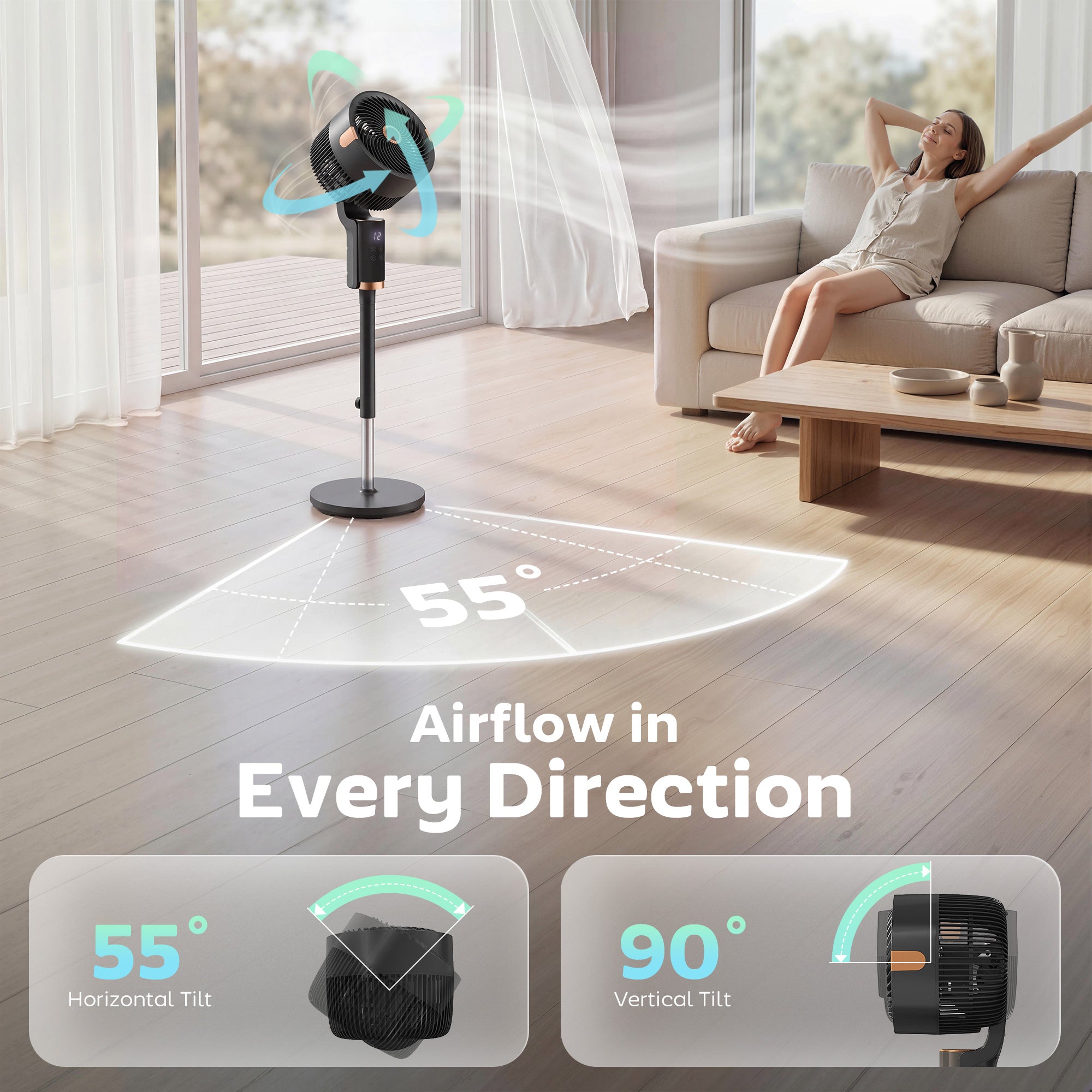 20 dB Silent Standing Fan for Bedroom, 44" Pedestal Fan with 55° Oscillating, 90° Vertical Tilt, 8 Speeds, LED Light, Remote Control, 12H Timer, Adjustable Height, Black