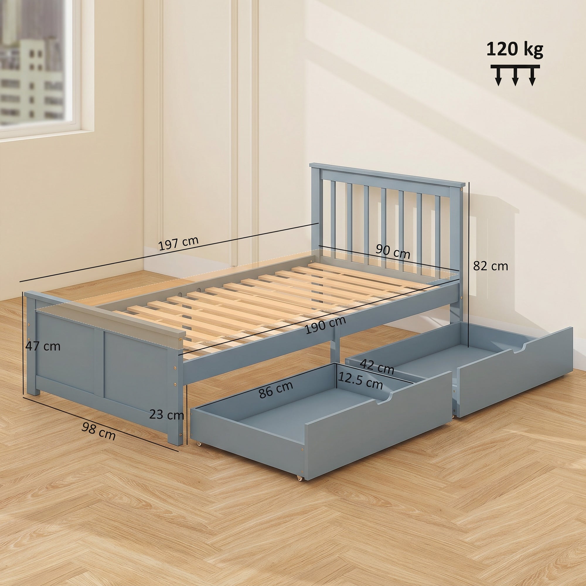 3ft Single Solid Wooden Bed Frame, Pine Storage Bed with Drawers, Headboard, Wood Slat Support, No Box Spring Needed, Easy Assembly, 90 x 190 cm, Grey