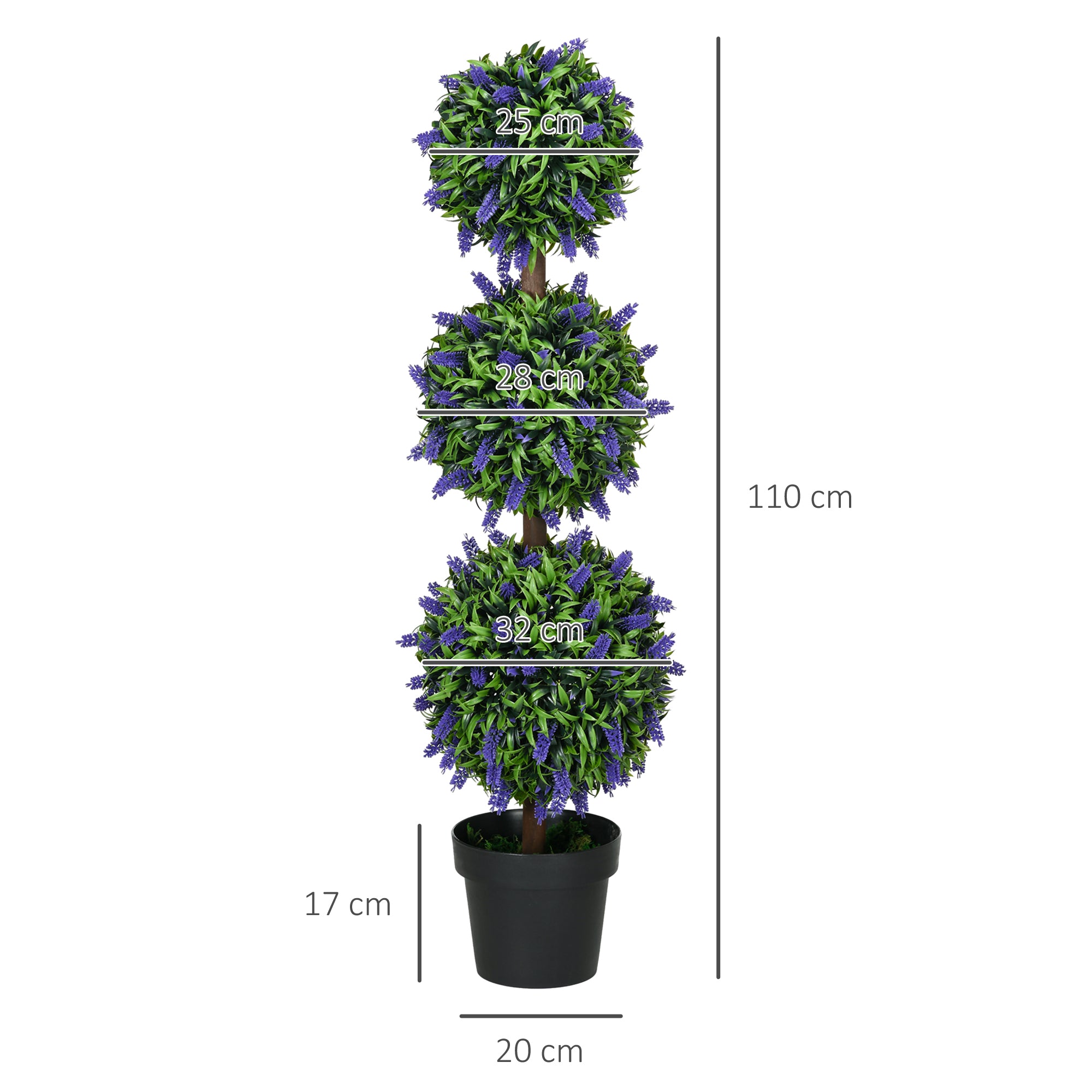 HOMCOM Set of 2 Decorative Artificial Plants Ball Trees with Lavender Flowers in Pot Fake Plants for Home Indoor Outdoor Decor, 110cm