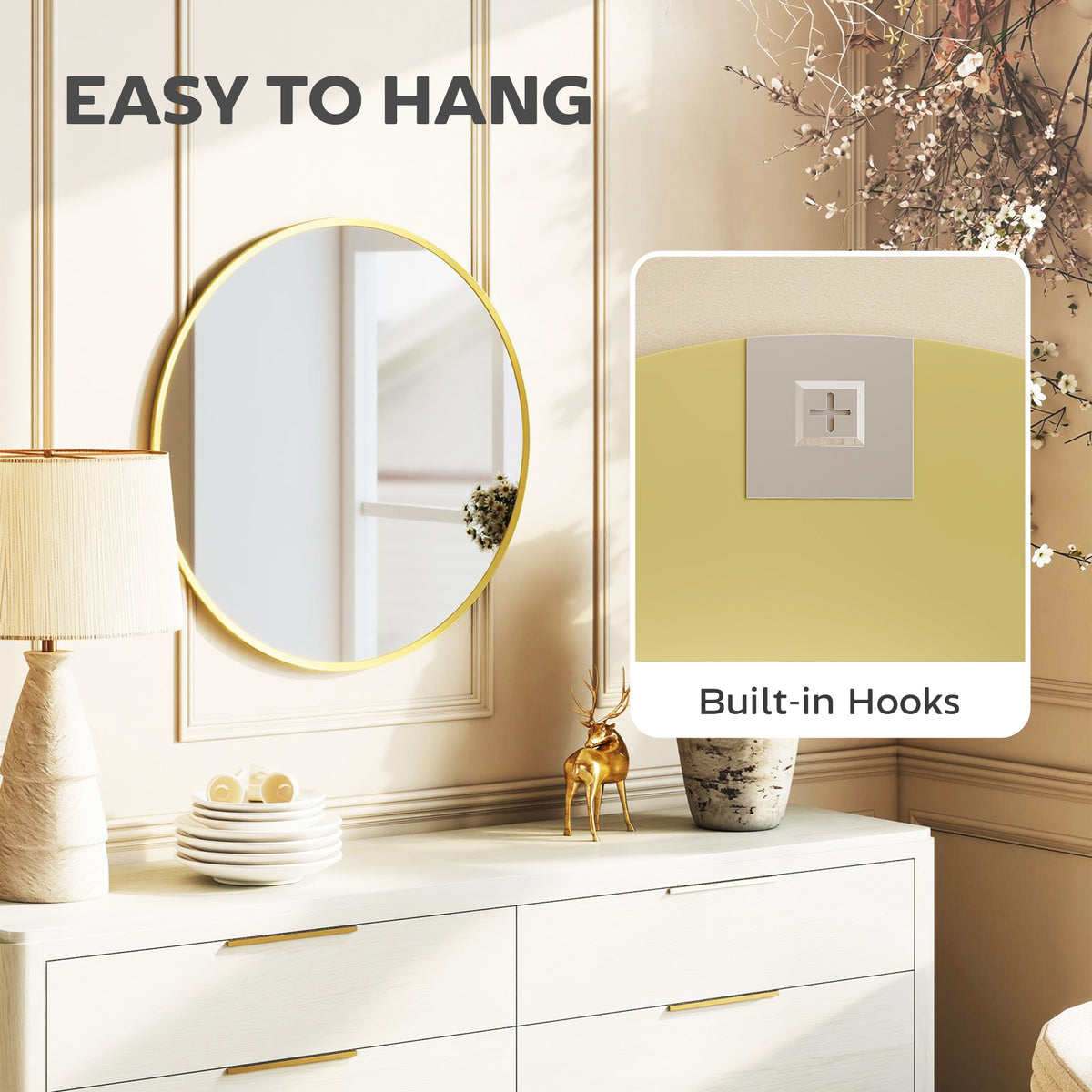 24" Round Wall Mirror, Bathroom Mirror with Metal Frame for Living Room, Bedroom, Entryway, Home Decor, Gold-Tone