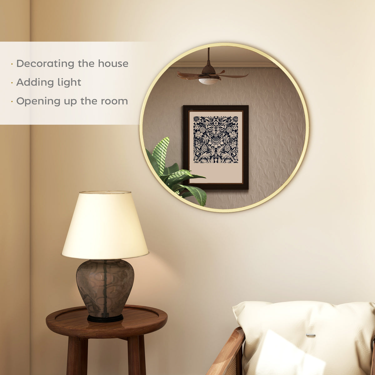 24" Round Wall Mirror, Bathroom Mirror with Metal Frame for Living Room, Bedroom, Entryway, Home Decor, Gold-Tone