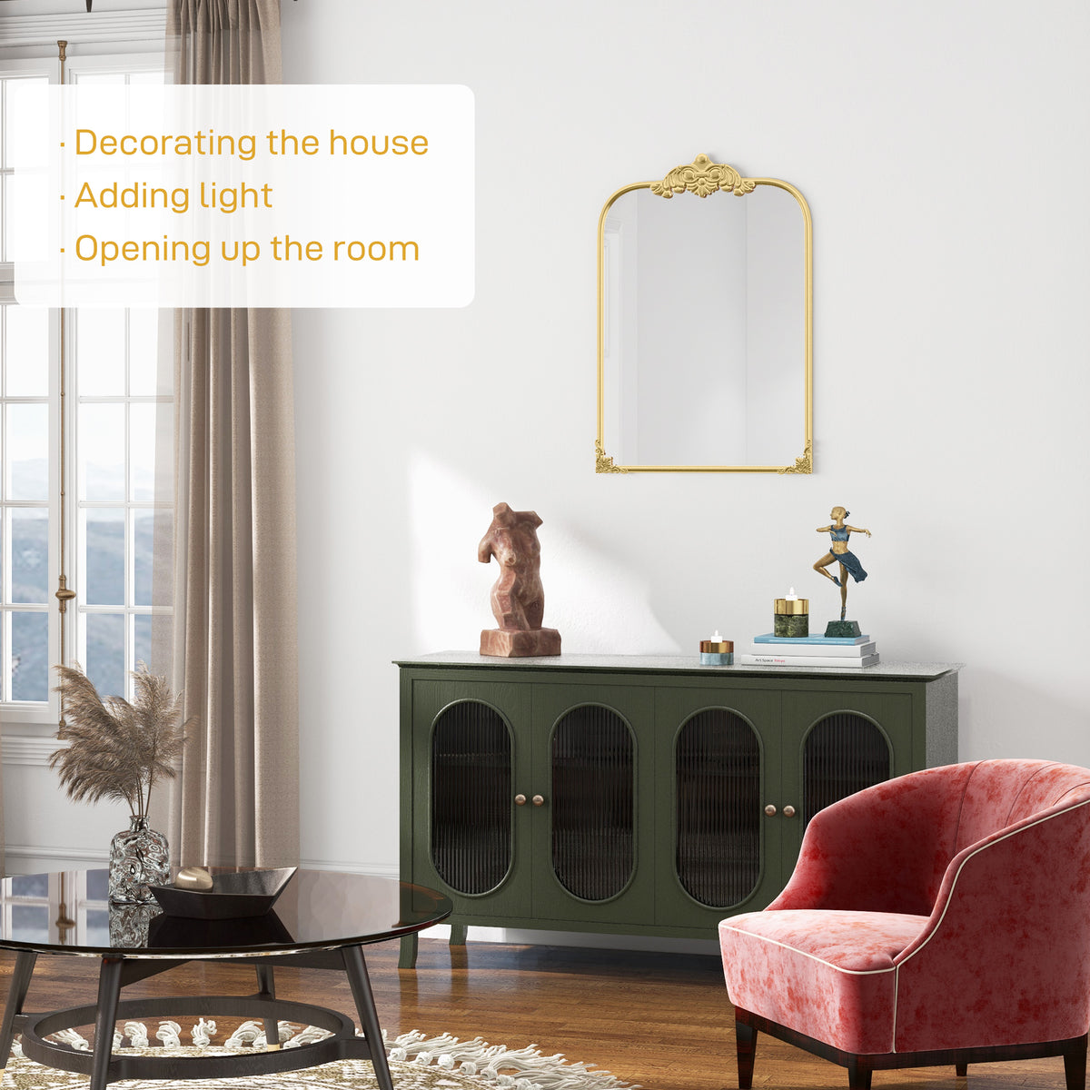Wall Mirror, Decorative Baroque Mirror with Metal Frame, for Bedroom and Living Room, 60 x 87 cm, Gold Tone