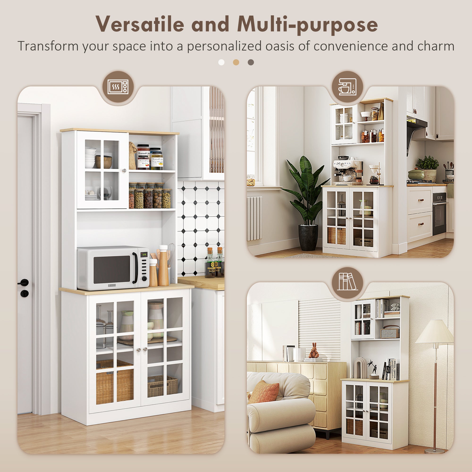 Freestanding Kitchen Cupboard, Storage Cabinet with Doors and Adjustable Shelves, Counter Top, Grid Glass Doors, 80L x 37W x 183H cm - White