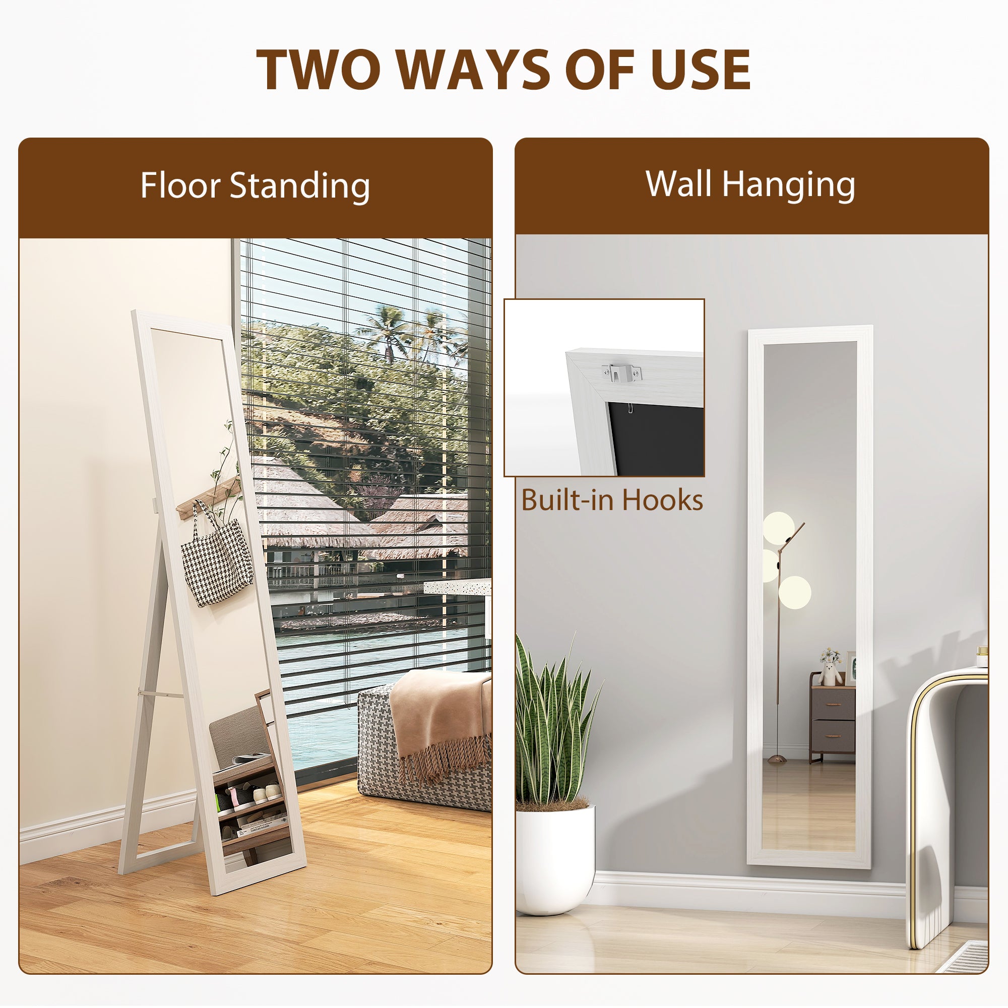 61" x 15" Full Length Mirror with Frame, Rectangular Full Body Mirror for Bedroom, Living Room, Standing Hanging or Leaning Against Wall, White