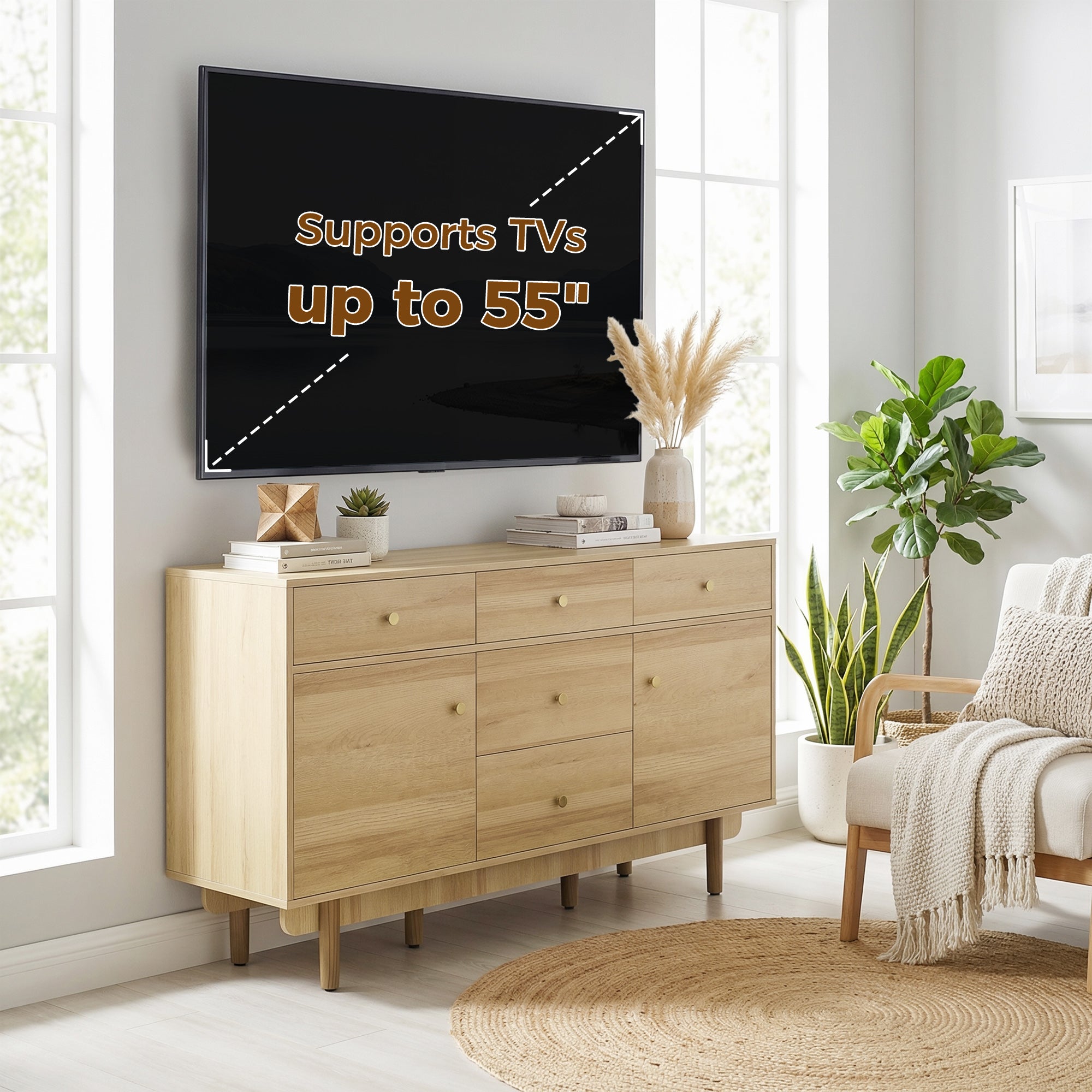 Modern Sideboard, Buffet Cabinet, Storage Cupboards with Adjustable Shelf, 5 Drawers and 2 Cabinets, 136 x 38 x 80 cm, for Living Room, Kitchen, Dining Room