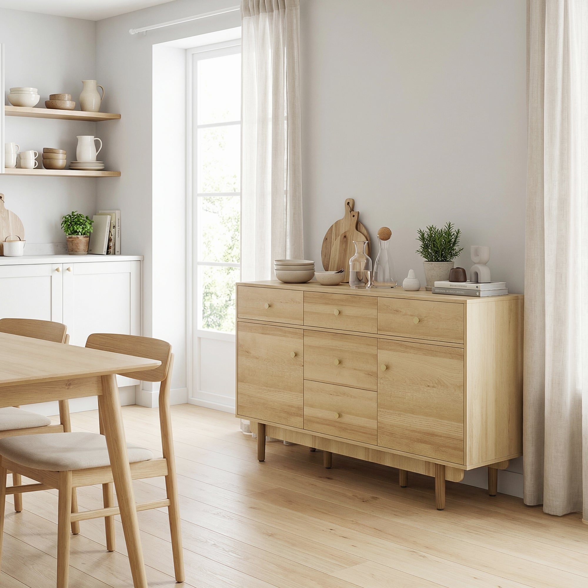 Modern Sideboard, Buffet Cabinet, Storage Cupboards with Adjustable Shelf, 5 Drawers and 2 Cabinets, 136 x 38 x 80 cm, for Living Room, Kitchen, Dining Room