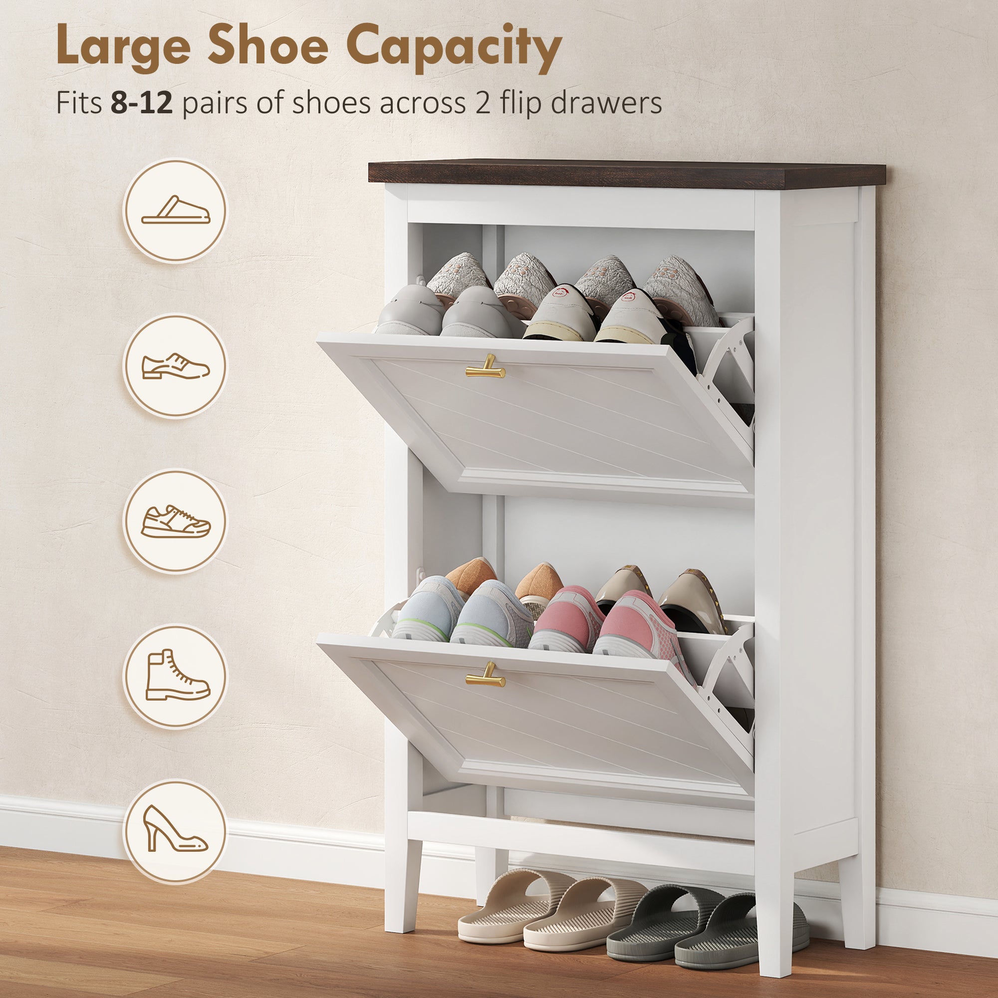 Shoe Cabinet with 2 Flip Drawers, Farmhouse Narrow Shoe Storage Cabinet with Adjustable Shelves, Freestanding for Entryway, Hallway, Living Room, Holds 8-12 Pairs, White