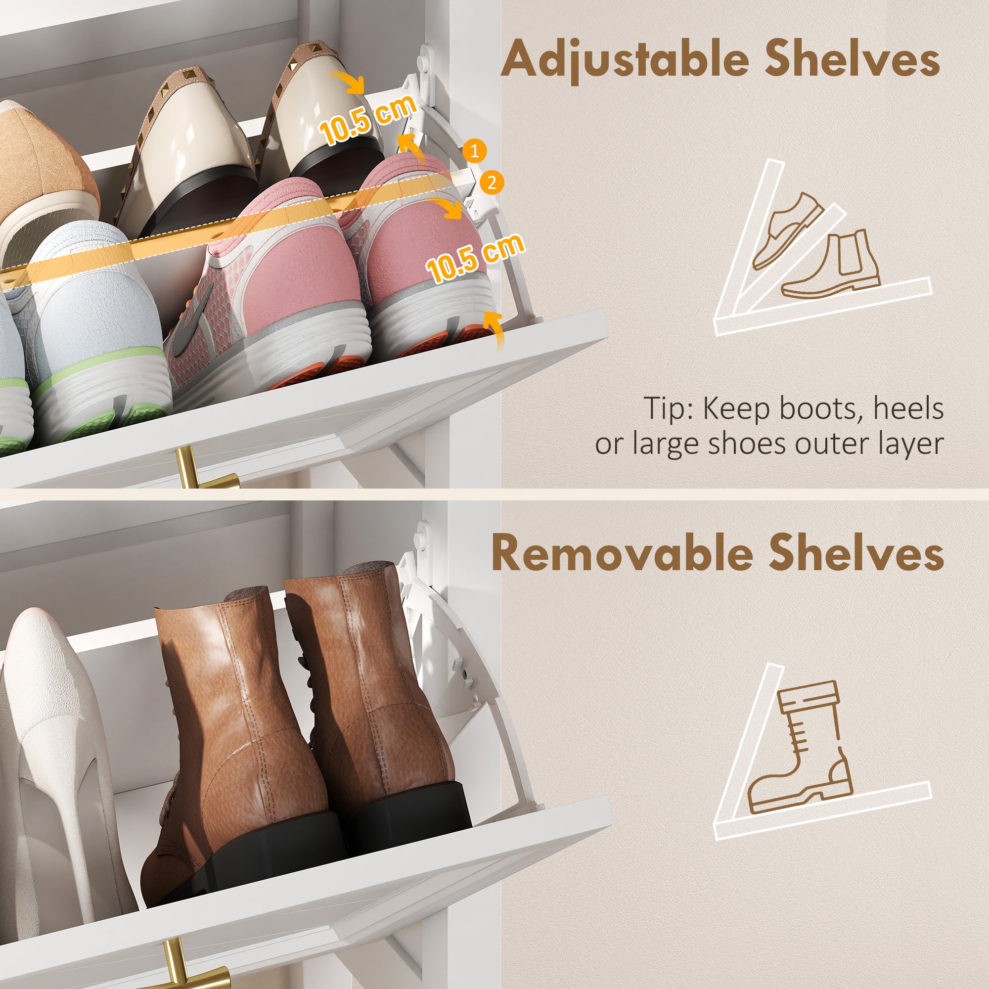 Shoe Cabinet with 2 Flip Drawers, Farmhouse Narrow Shoe Storage Cabinet with Adjustable Shelves, Freestanding for Entryway, Hallway, Living Room, Holds 8-12 Pairs, White