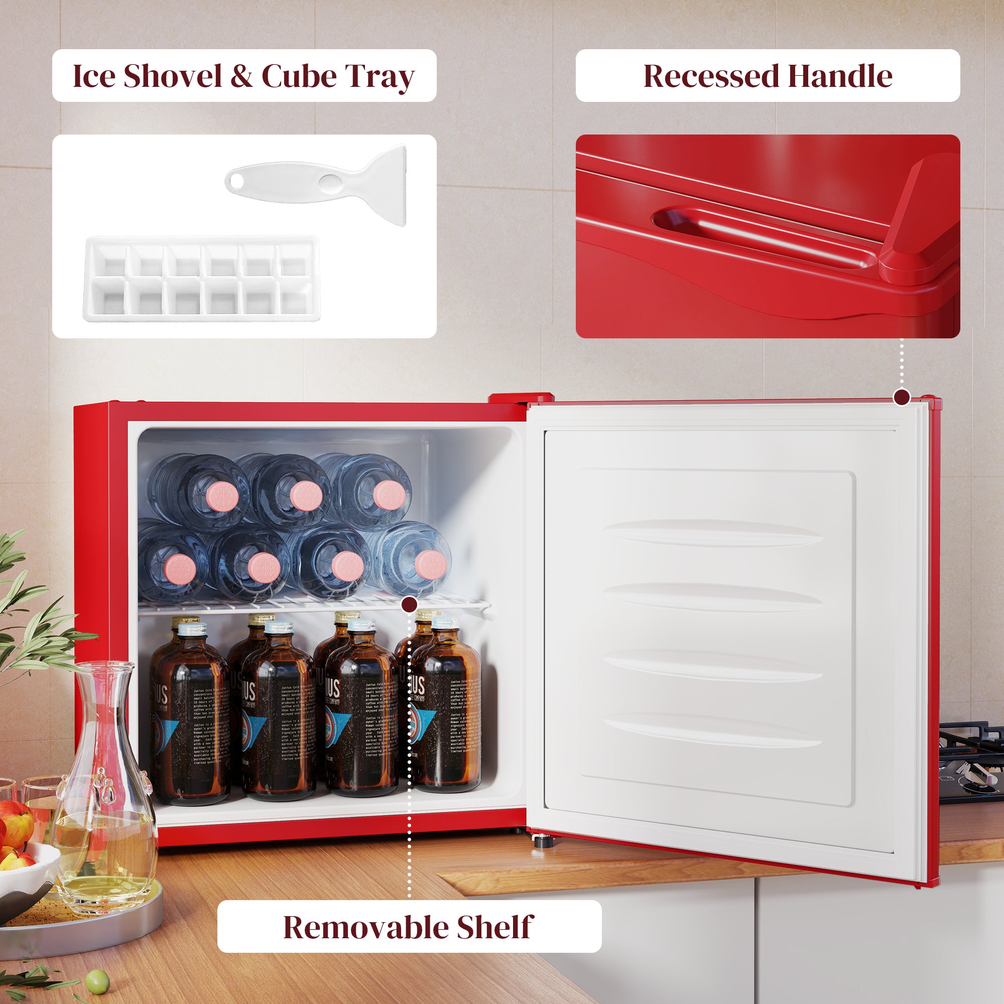 HOMCOM Mini Freezer Countertop, 1.1 Cu.Ft Compact Upright Freezer with Removable Shelves, Reversible Door for Home, Dorm, Apartment and Office, Red