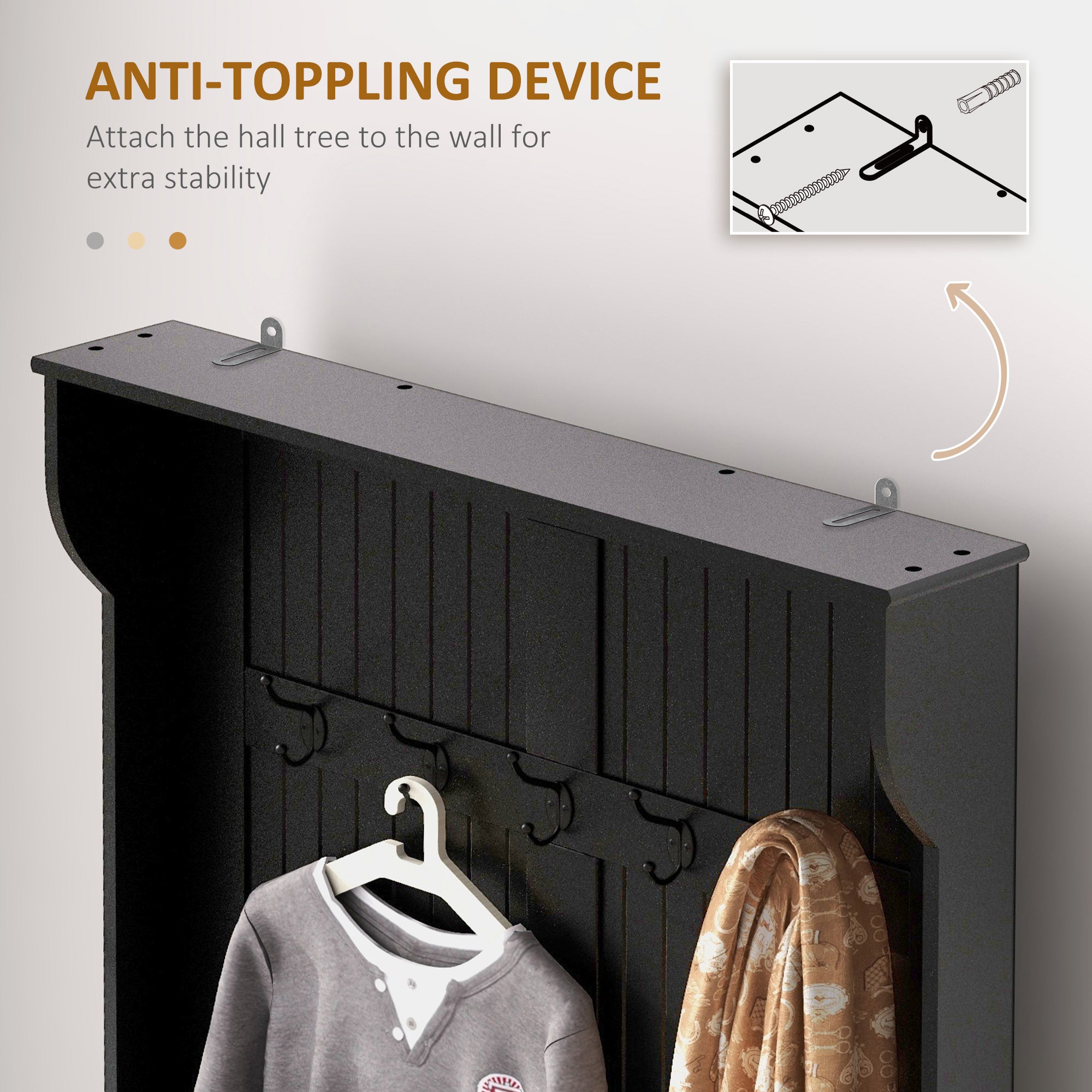 3-in-1 Entryway Bench, Coat Rack, Hall Tree, Shoe Storage & 5 Hooks, Black