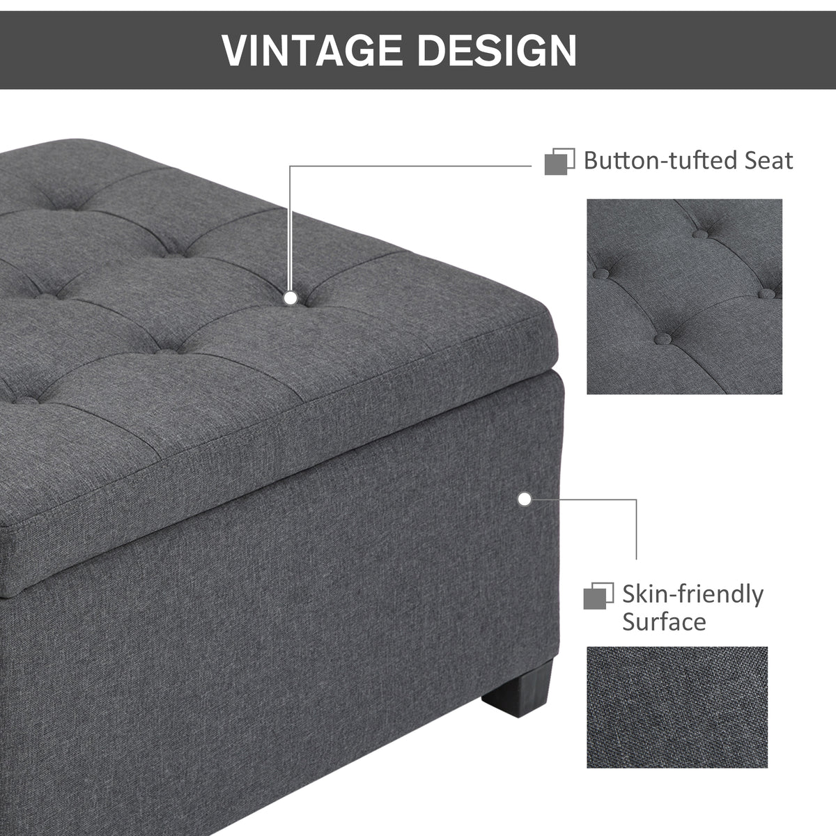 Linen-touch Tufted Storage Ottoman Upholstered Accent Bench Seat Cube Storage Box Footrest Stool, Dark Grey