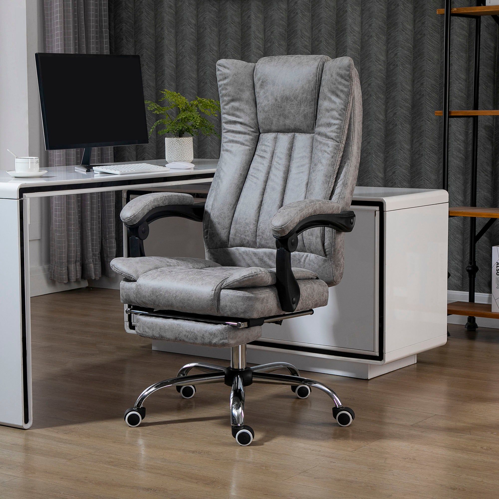 Vinsetto Office Chair, Microfibre Reclining Computer Desk Chair with Footrest and Adjustable Height, Swivel Wheels for Home Office, Grey
