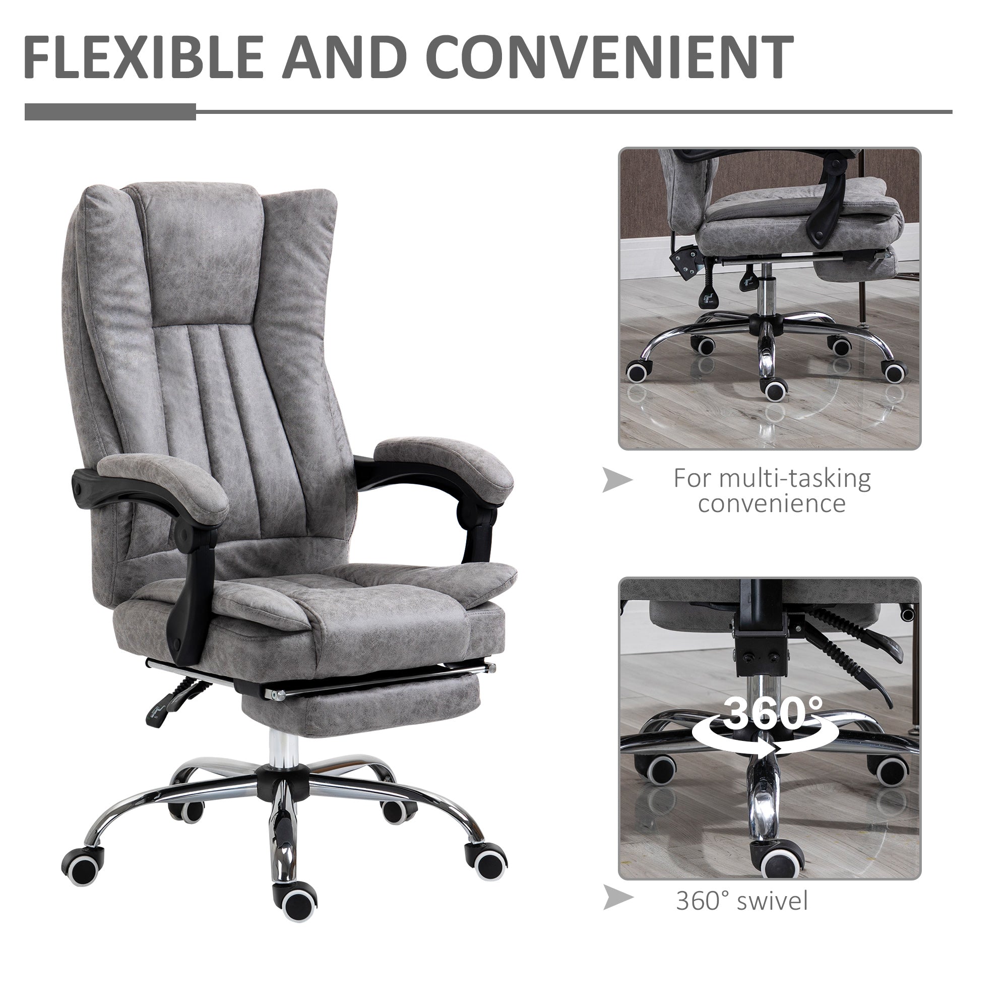 Vinsetto Office Chair, Microfibre Reclining Computer Desk Chair with Footrest and Adjustable Height, Swivel Wheels for Home Office, Grey