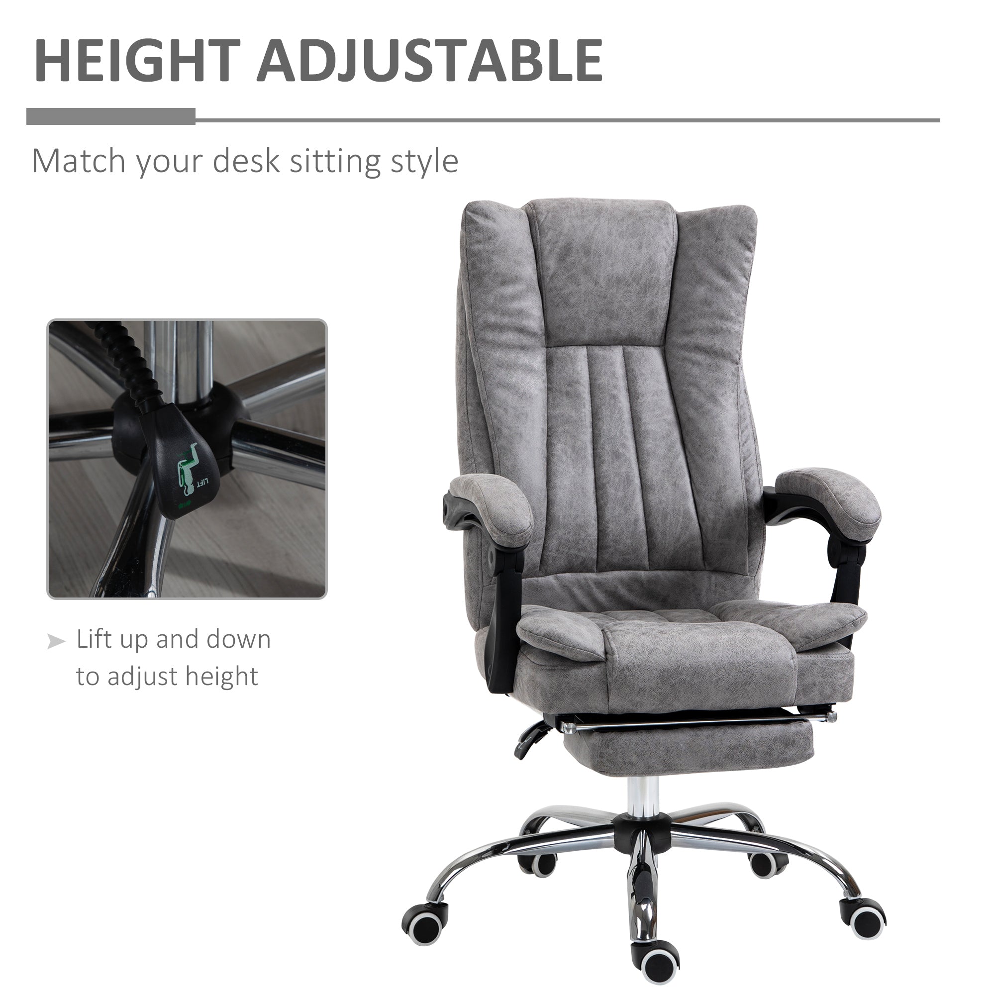 Vinsetto Office Chair, Microfibre Reclining Computer Desk Chair with Footrest and Adjustable Height, Swivel Wheels for Home Office, Grey