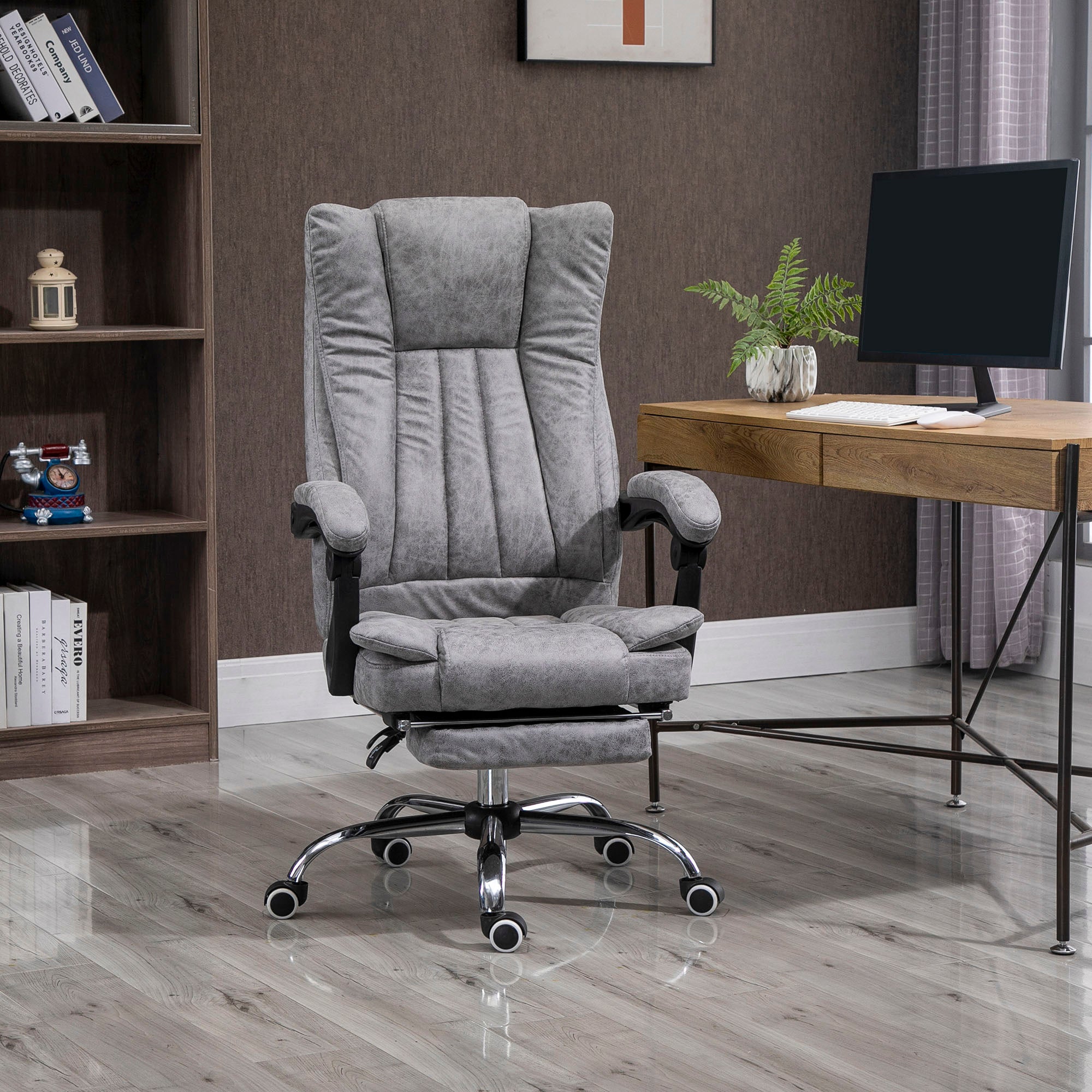 Vinsetto Office Chair, Microfibre Reclining Computer Desk Chair with Footrest and Adjustable Height, Swivel Wheels for Home Office, Grey