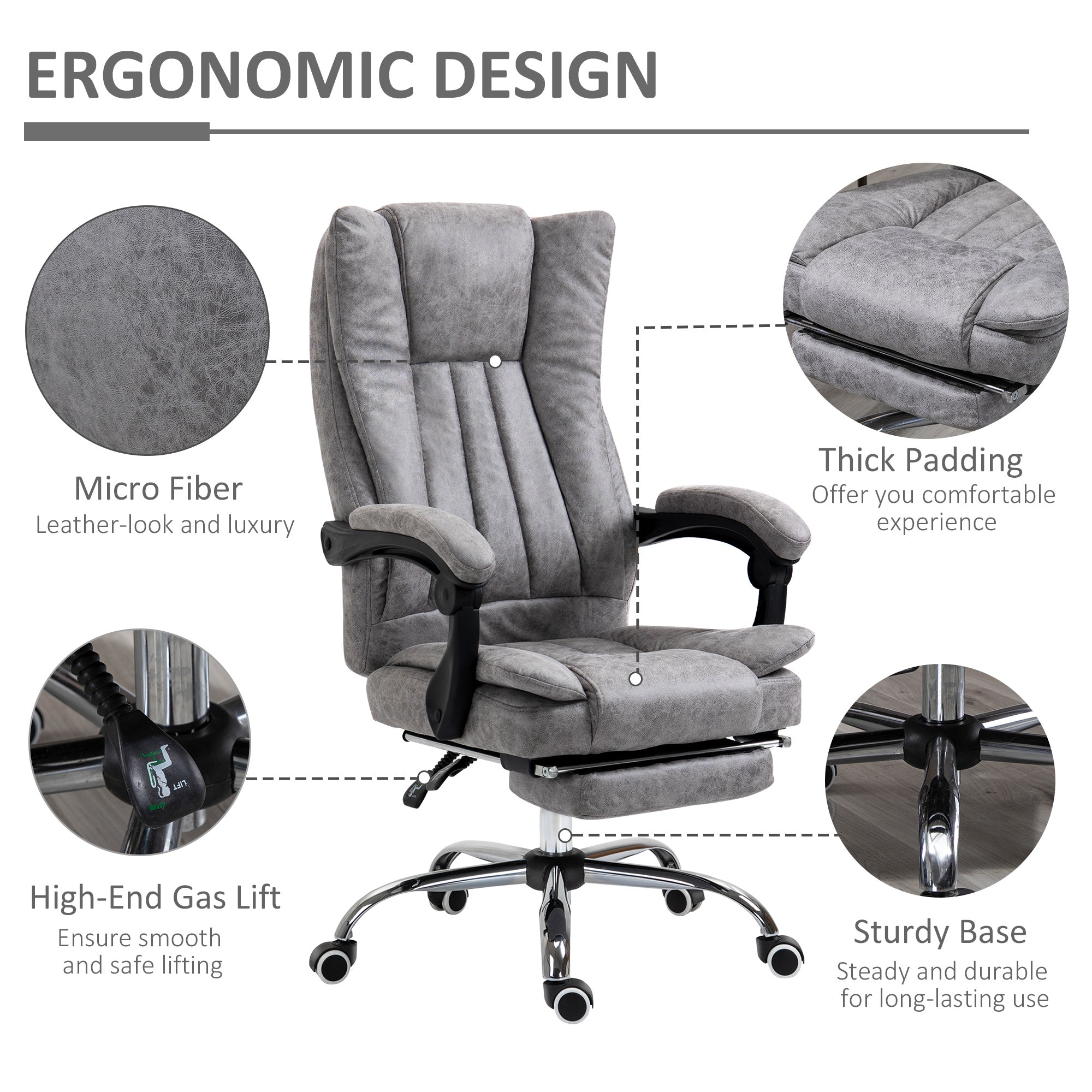 Vinsetto Office Chair, Microfibre Reclining Computer Desk Chair with Footrest and Adjustable Height, Swivel Wheels for Home Office, Grey