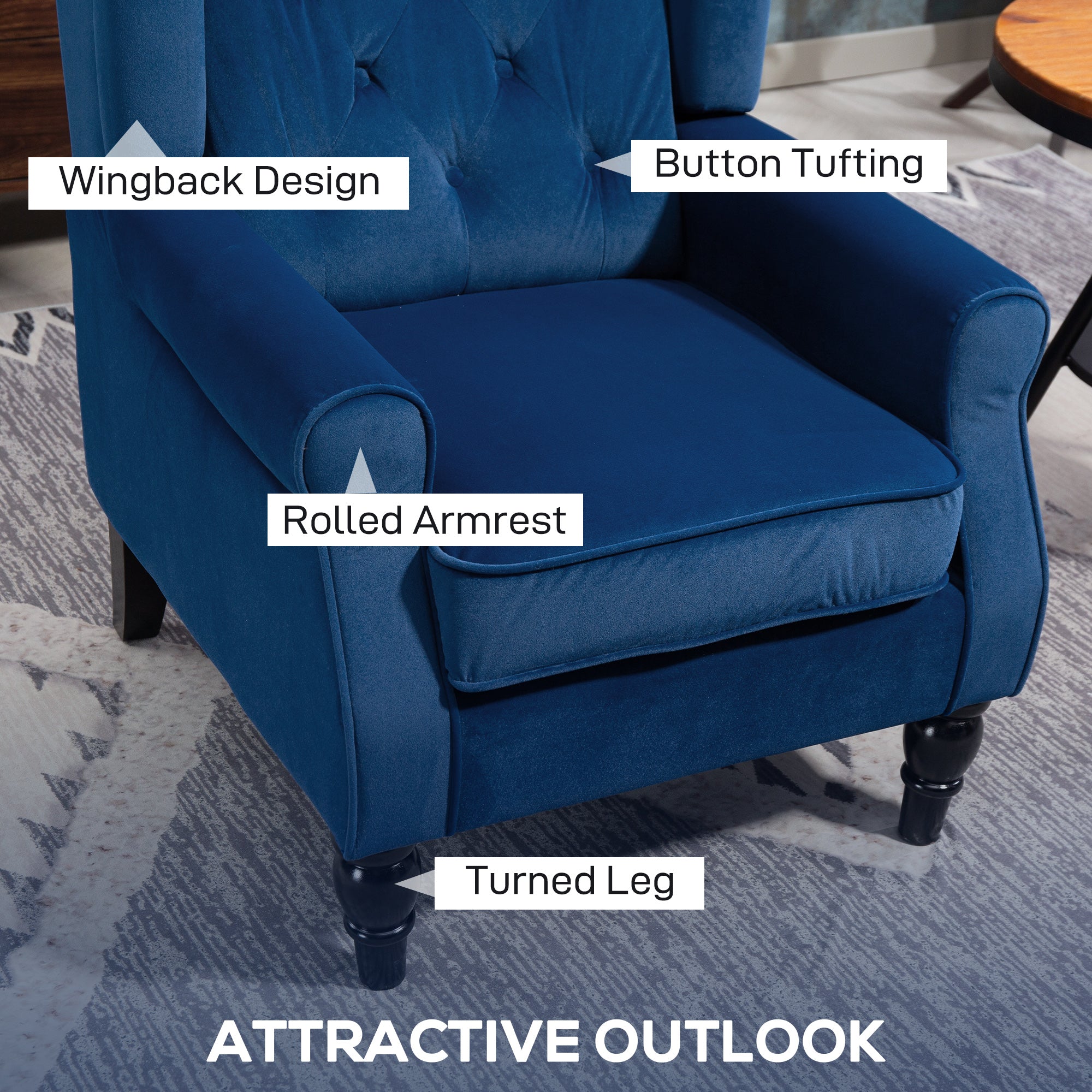 Retro Accent Chair, Velvet Wingback Armchair with Wood Frame Button Tufted Design for Living Room Bedroom, Blue