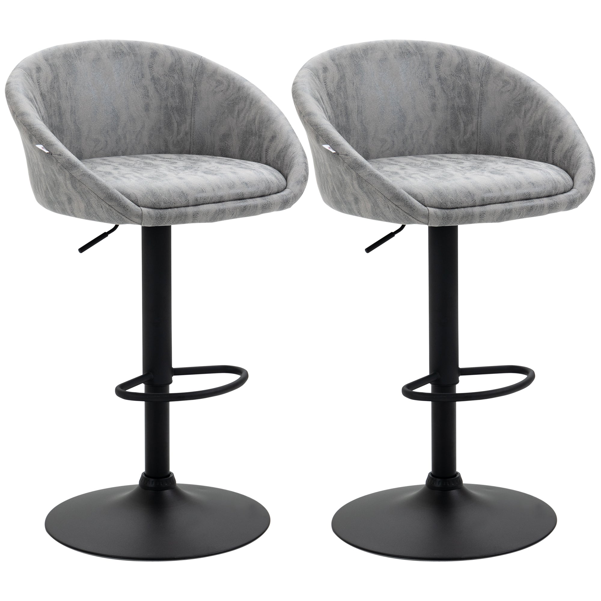 HOMCOM Modern Bar Stools Set of 2, Height Adjustable Swivel Barstools, PU Leather Upholstered Bar Chair with Backrest, Armrests and Footrest for Breakfast Bar, Counter, Kitchen, Light Grey