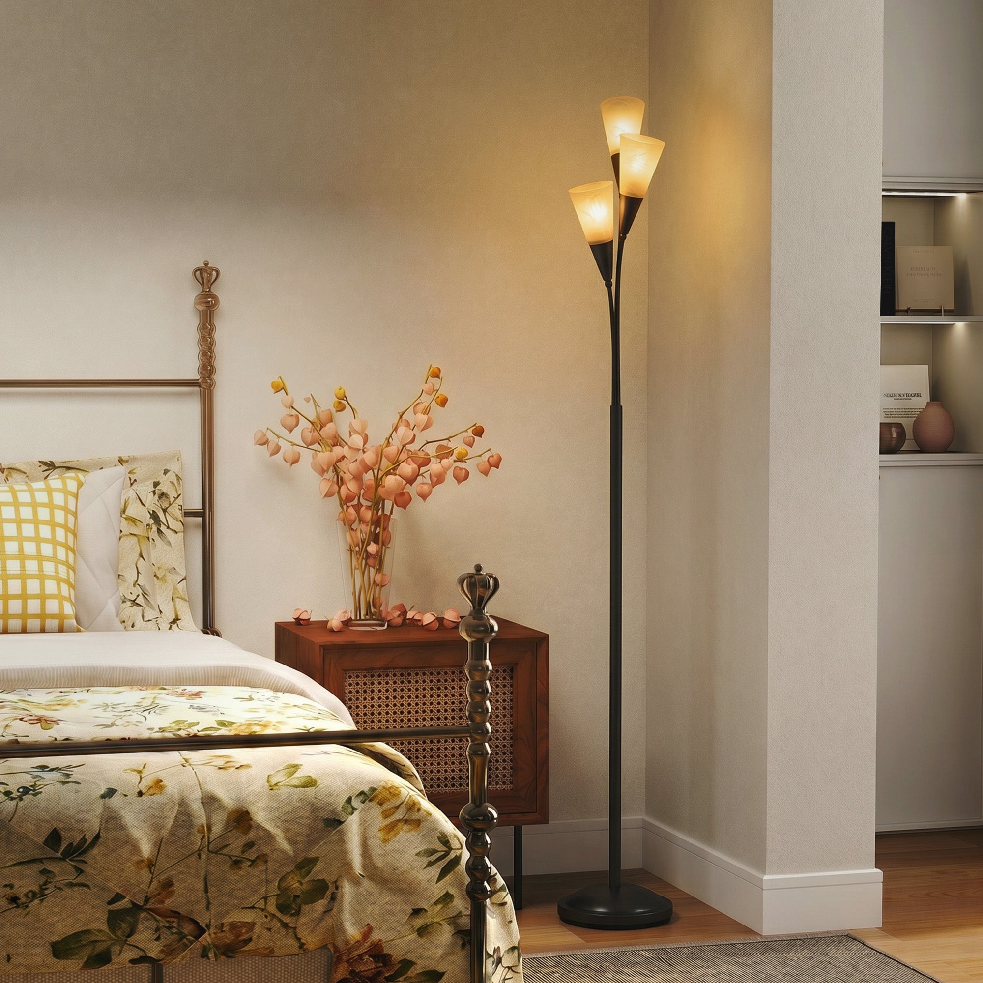 3-Light Upright Floor Lamps for Living Room, Modern Standing Lamp for Bedroom with Steel Base, Bulb not Included, Black