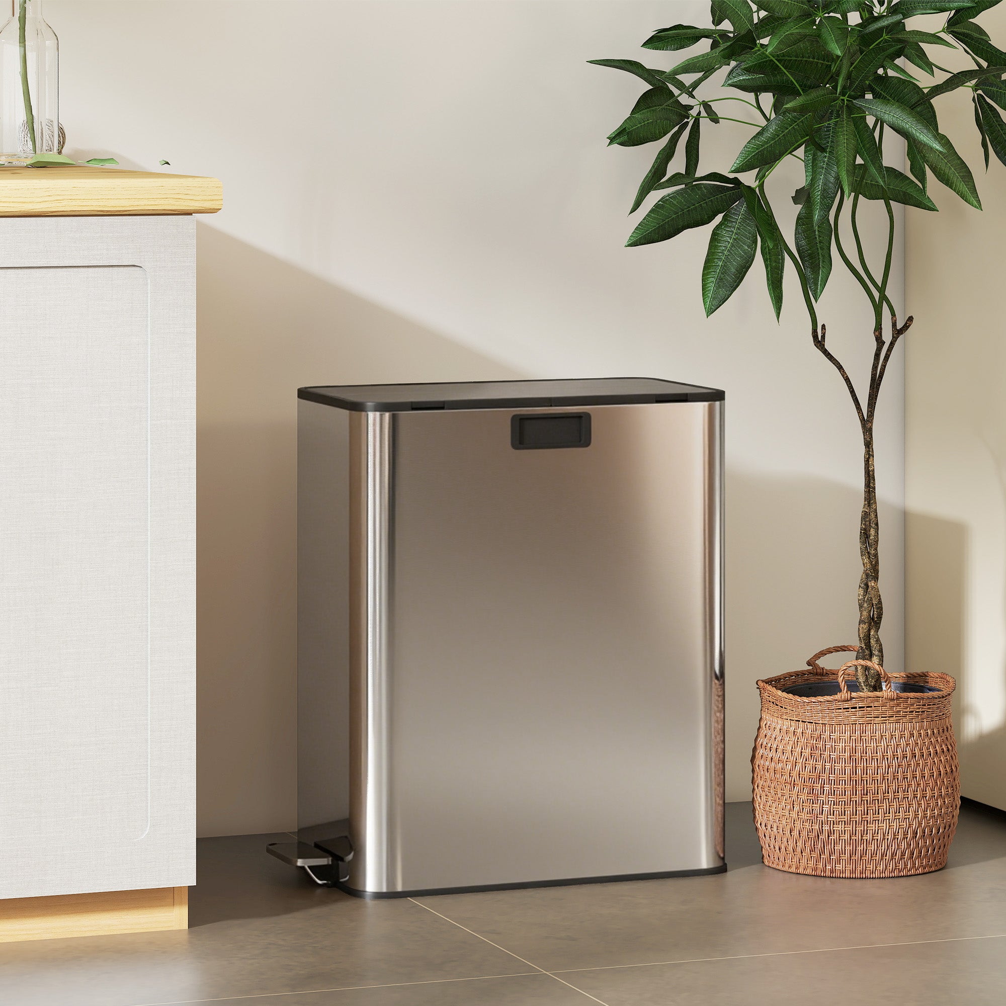 Dual Kitchen Bin with Soft-Close Butterfly Lid, 2 x 7.4Gal Stainless Steel Pedal Bin with Removable Inner Buckets, Fingerprint-Proof for Recycling and Waste, Silver Tone