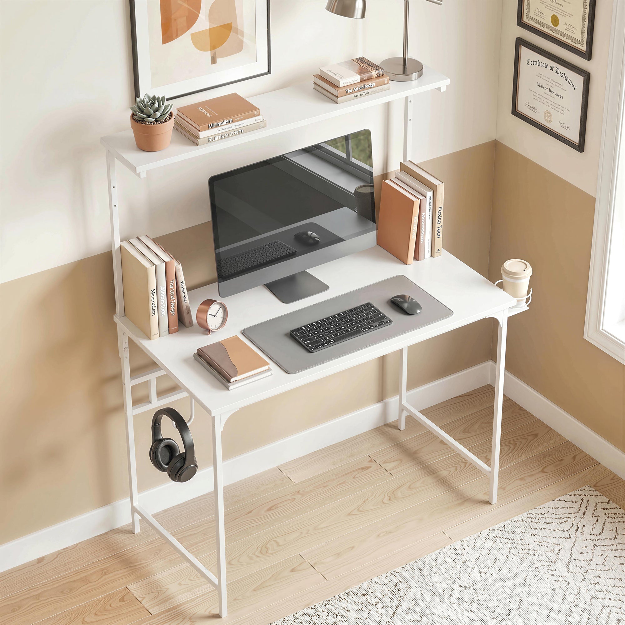 Computer Desk, 80cm Home Office Study Table with Hutch Shelf, Cup Holder, Headphone Hook, Metal Frame, Space Saving Writing Desk, White