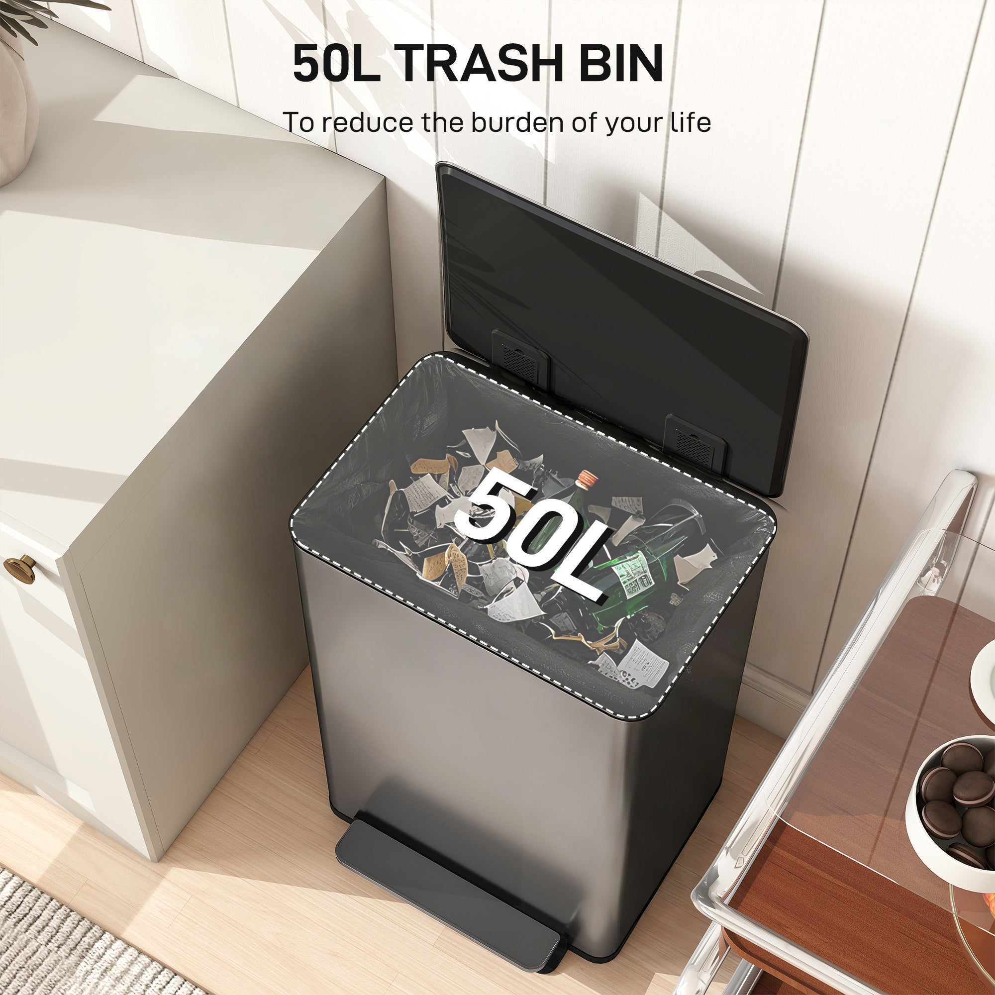 13.2 Gallon/50 L Garbage Can, Fingerprint-proof Stainless Steel Kitchen Trash Can with Soft-close Lid, Removable Inner Bucket, Odour Filter, Garbage Bin for Home, Silver