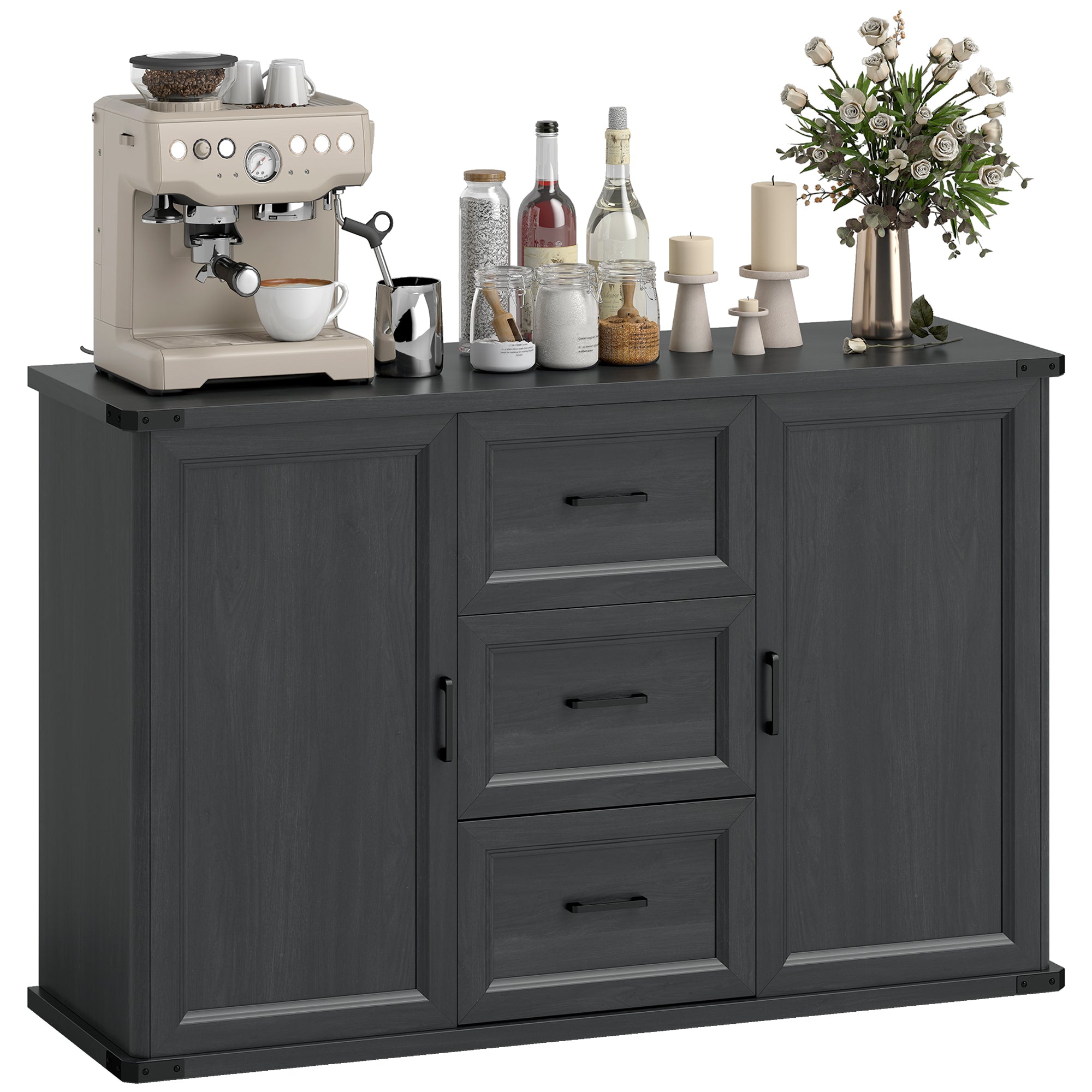 Modern Sideboard Buffet Cabinet with 3 Drawers and 2 Doors, 47" Coffee Bar Cabinet with Adjustable Shelves for Kitchen, Black Wood Grain