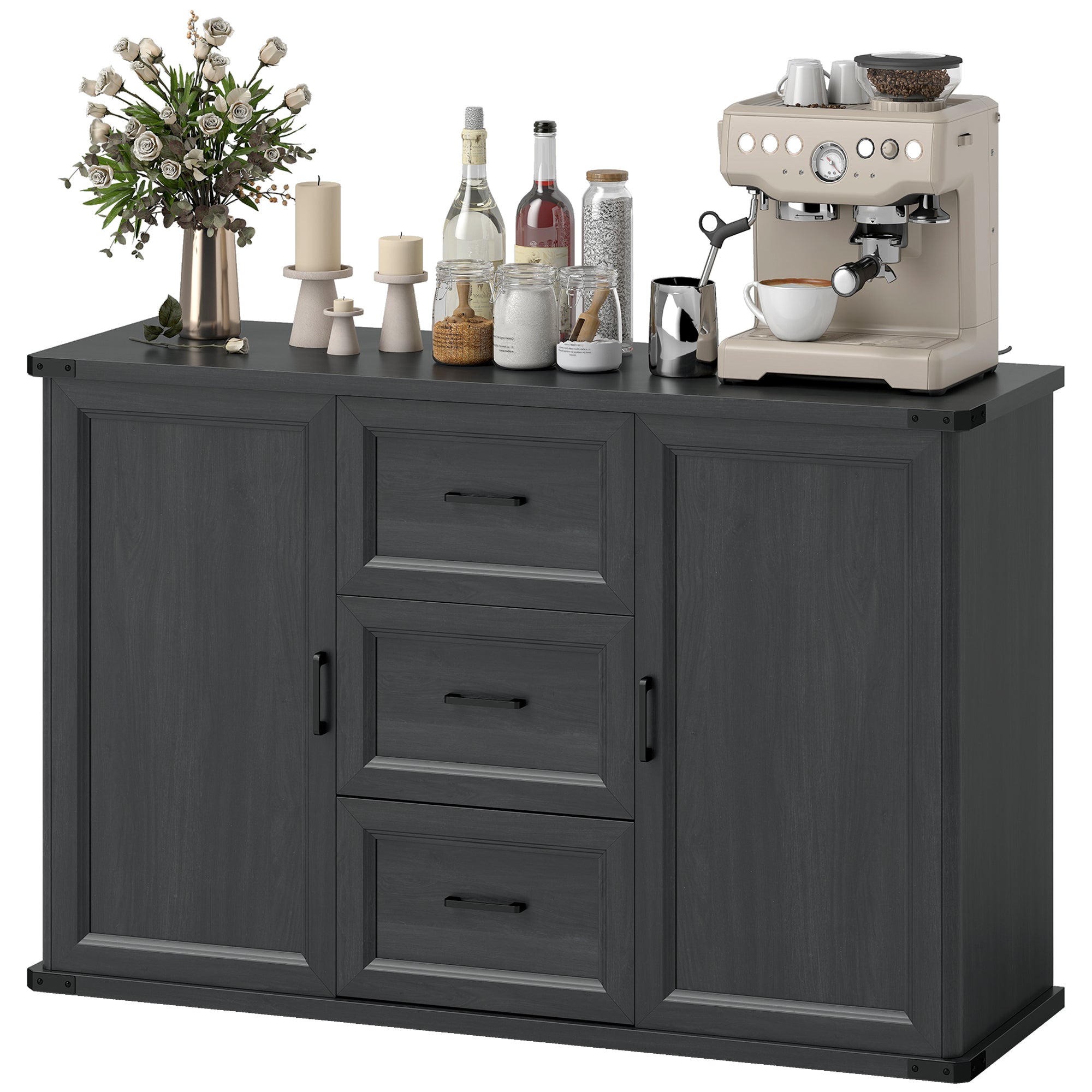 Modern Sideboard Buffet Cabinet with 3 Drawers and 2 Doors, 47" Coffee Bar Cabinet with Adjustable Shelves for Kitchen, Black Wood Grain