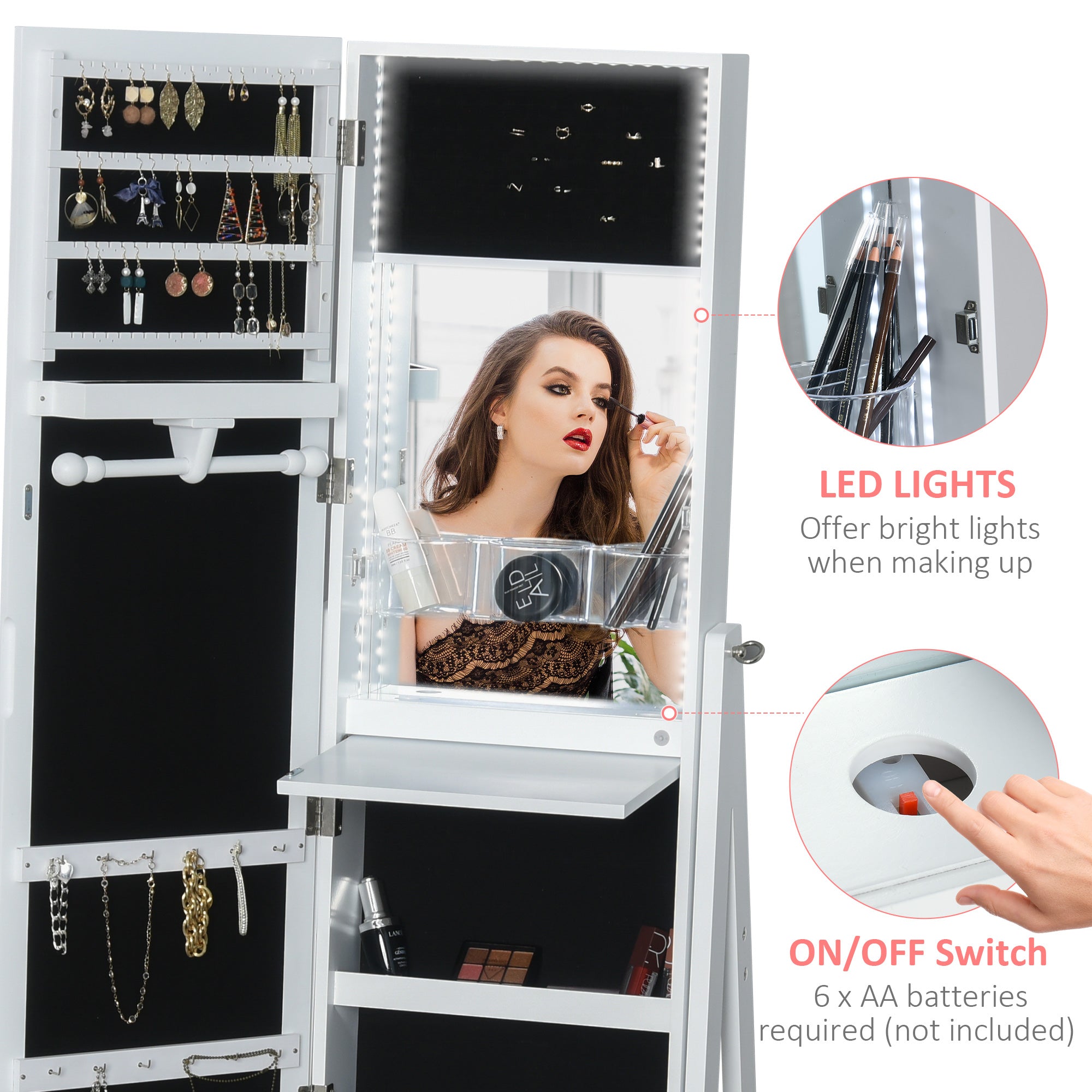 Jewellery Cabinet with Full-Length Mirror, Standing Jewelry Armoire with LED Light, Hooks, Slots, Shelves, Drawers, Folding Panel, Pencil Holders, Mirror with Storage, White