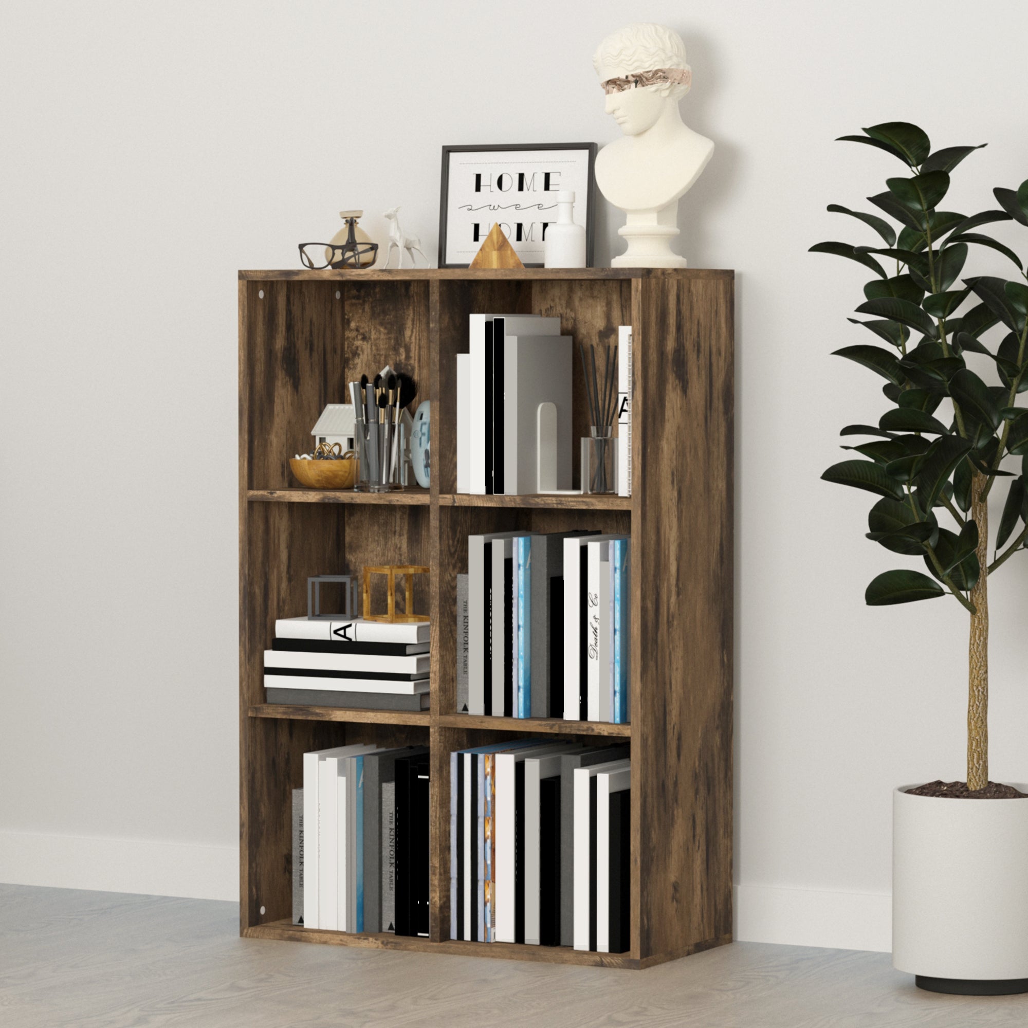HOMCOM 6-Cube Bookcase, Storage Unit, Shelves Storage Display for Trinkets, Souvenirs, Potted Plants, for Study Room, Living Room, Home Office, 65.5 x 30 x 97.5cm, Rustic Brown