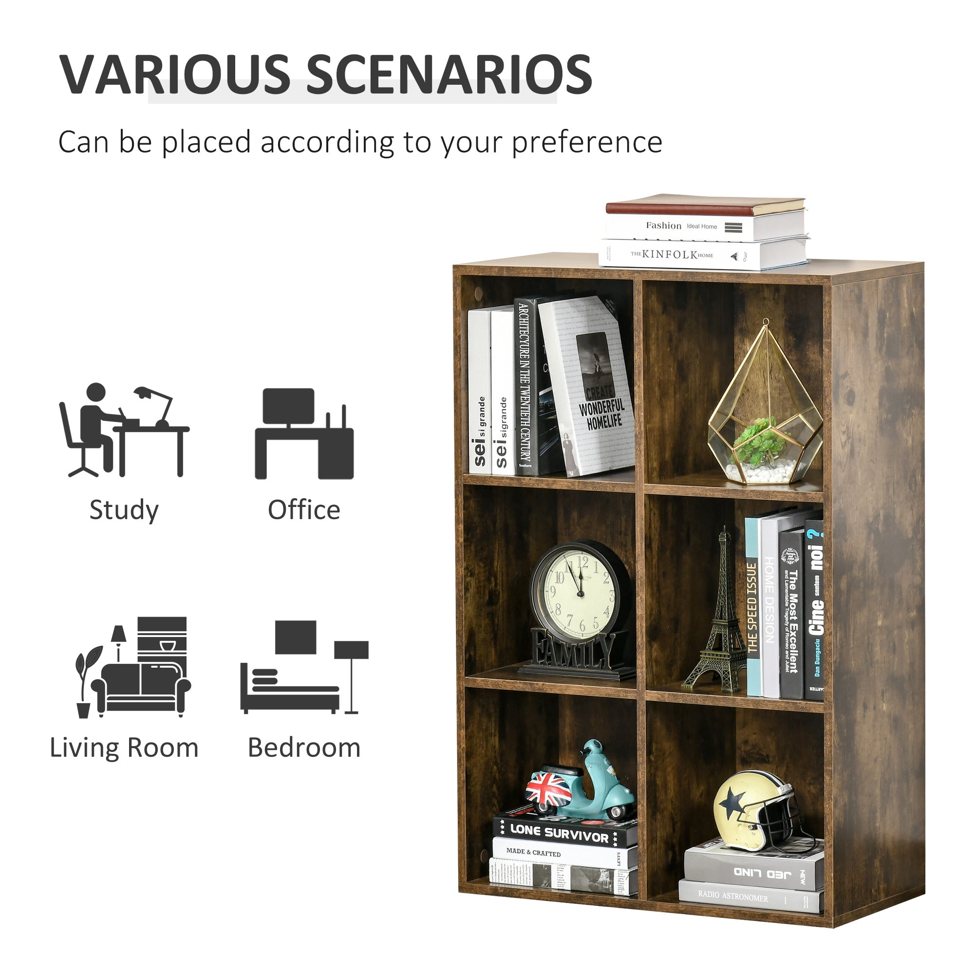 HOMCOM 6-Cube Bookcase, Storage Unit, Shelves Storage Display for Trinkets, Souvenirs, Potted Plants, for Study Room, Living Room, Home Office, 65.5 x 30 x 97.5cm, Rustic Brown
