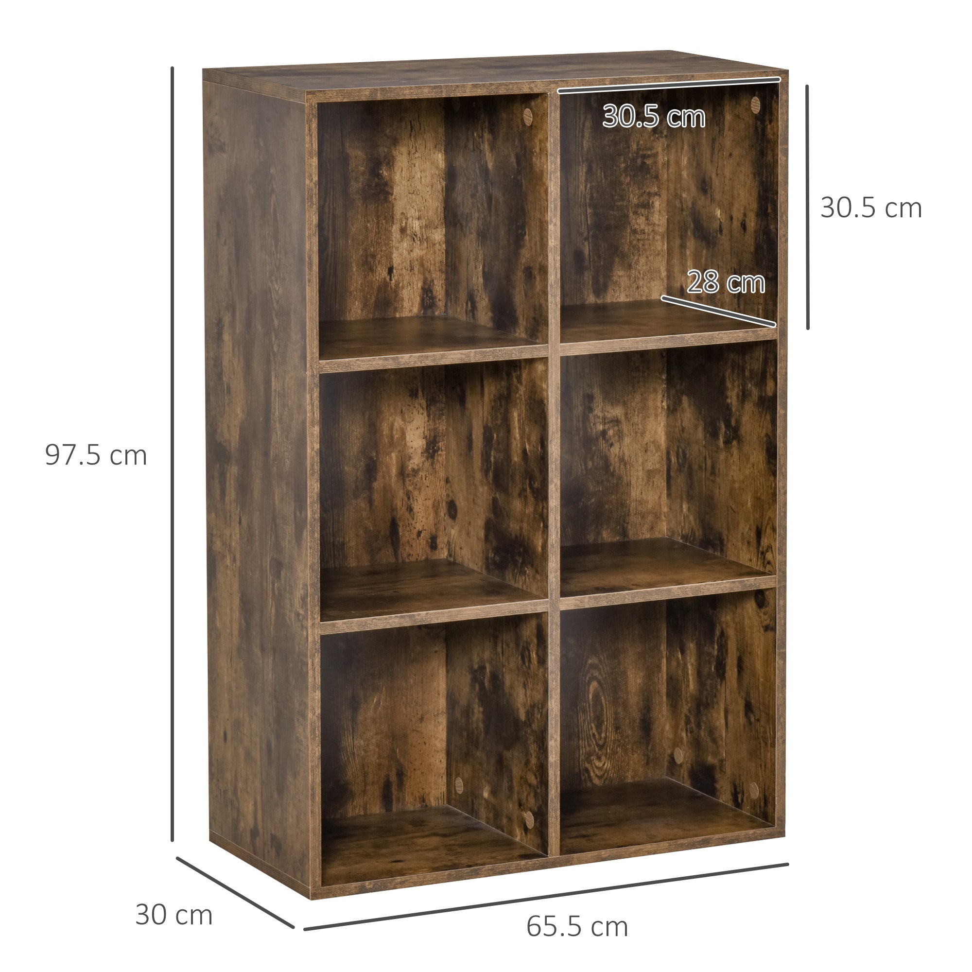 HOMCOM 6-Cube Bookcase, Storage Unit, Shelves Storage Display for Trinkets, Souvenirs, Potted Plants, for Study Room, Living Room, Home Office, 65.5 x 30 x 97.5cm, Rustic Brown