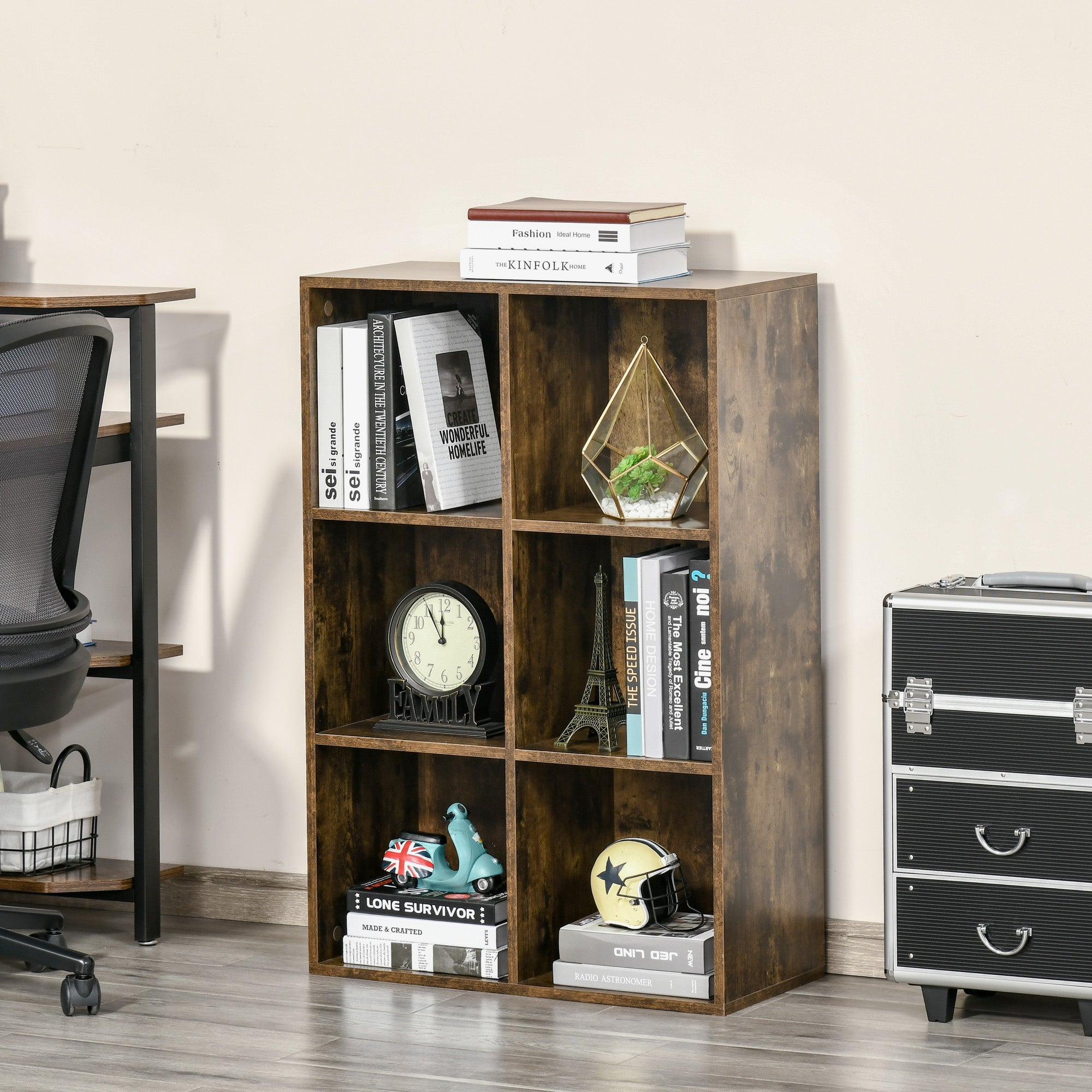 HOMCOM 6-Cube Bookcase, Storage Unit, Shelves Storage Display for Trinkets, Souvenirs, Potted Plants, for Study Room, Living Room, Home Office, 65.5 x 30 x 97.5cm, Rustic Brown