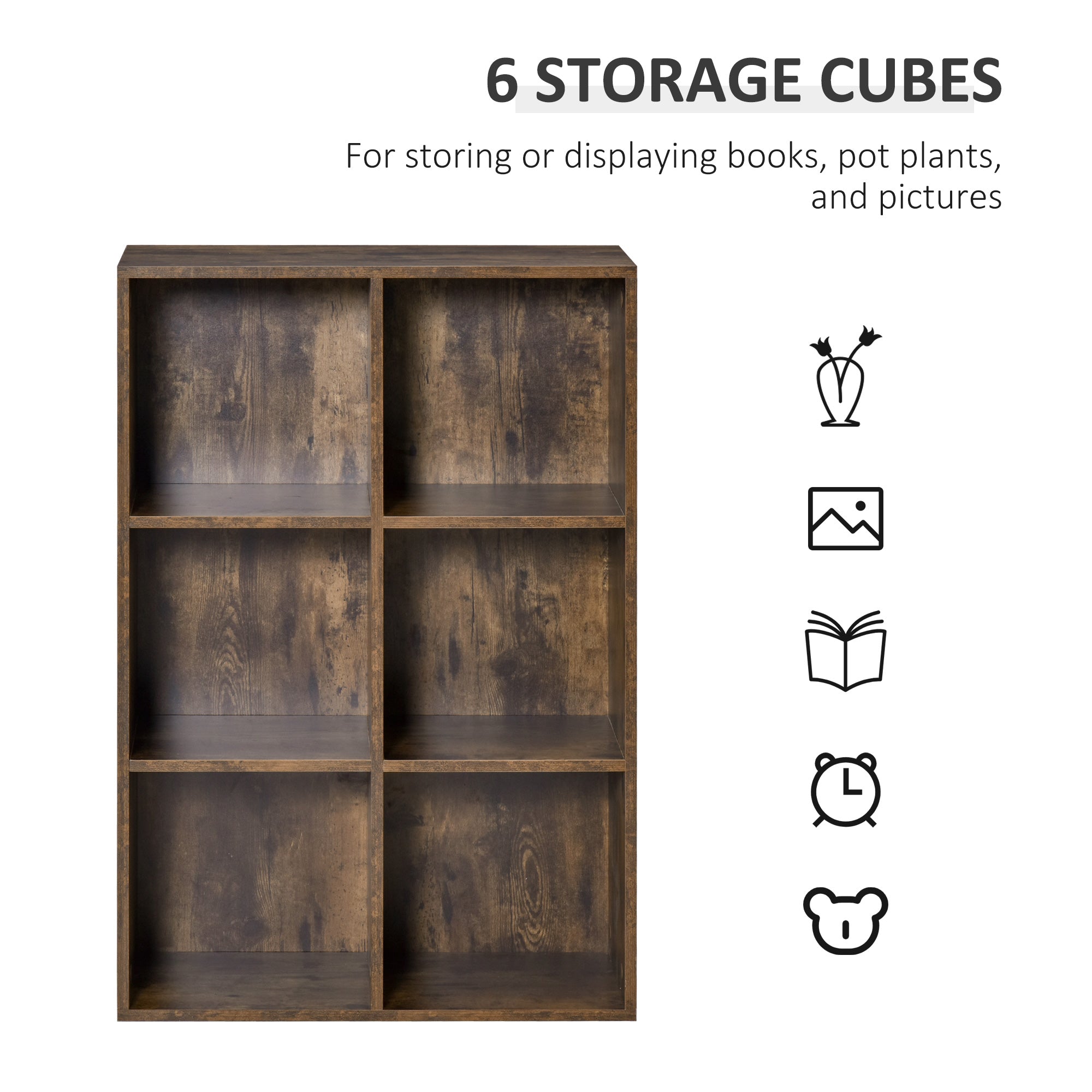 HOMCOM 6-Cube Bookcase, Storage Unit, Shelves Storage Display for Trinkets, Souvenirs, Potted Plants, for Study Room, Living Room, Home Office, 65.5 x 30 x 97.5cm, Rustic Brown