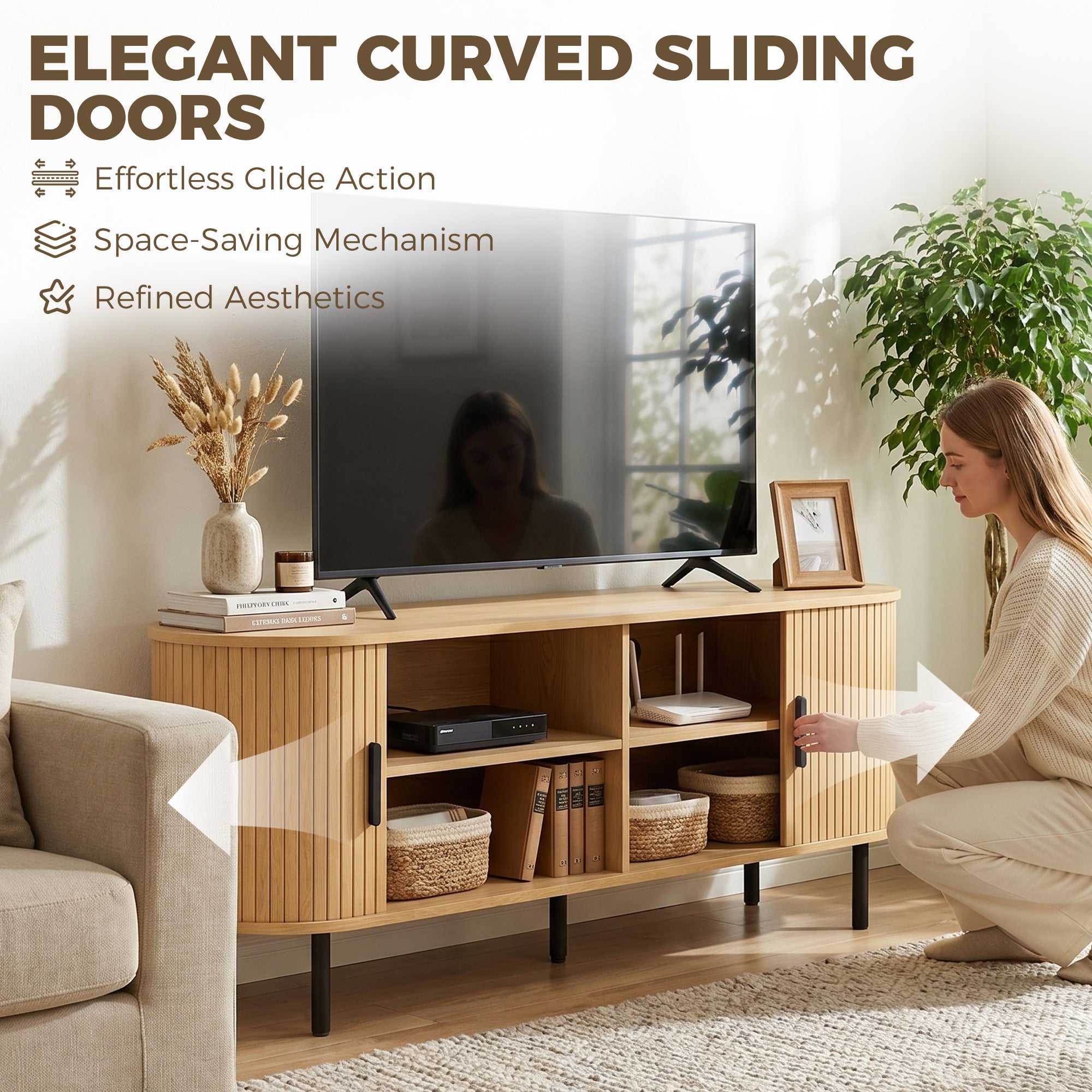 TV Stand for TVs up to 60", Modern Entertainment Center with Curved Sliding Doors, Media Console with 6 Storage Compartments, Natural Wood