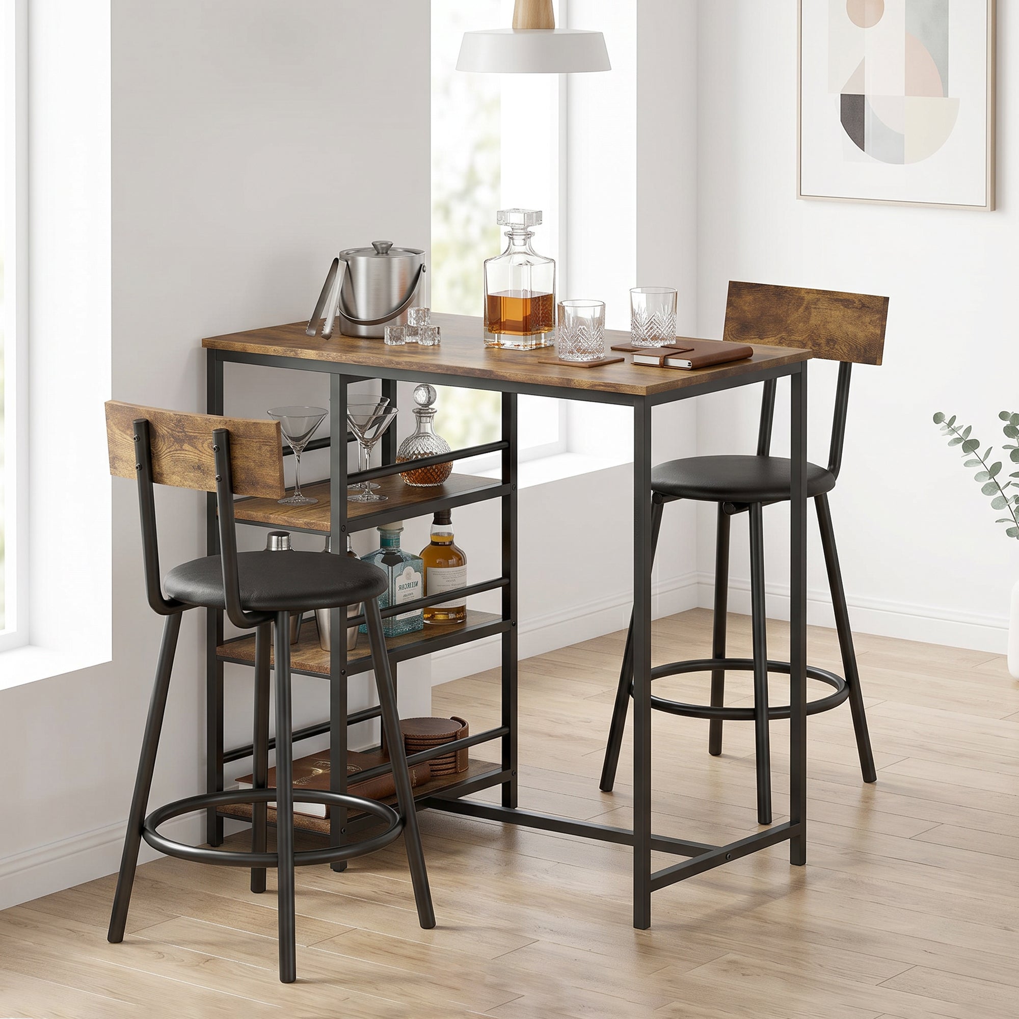 3 Piece Breakfast Bar Table Set, Space Saving Bar Table and PU Leather Stools for 2, Dining Table Set with Storage Shelves, Rustic Brown
