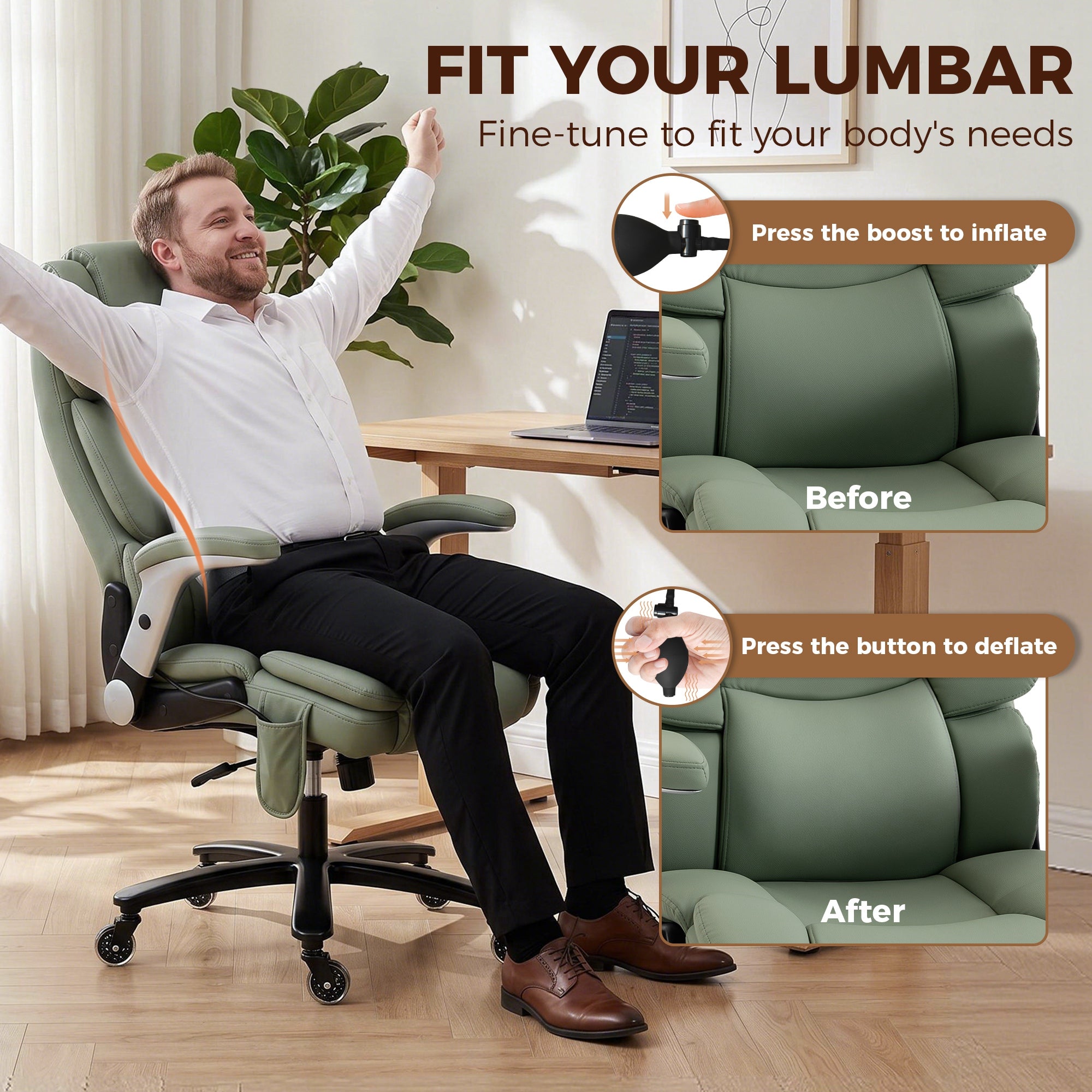 Heavy Duty Office Chair 400LBS with Airbag Lumbar Support, Pet-Friendly Fabric, Big and Tall Desk Chair with Flip-Up Armrests, Pocket Springs, Class 4 Gas Cylinder, Wide Seat, Light Green