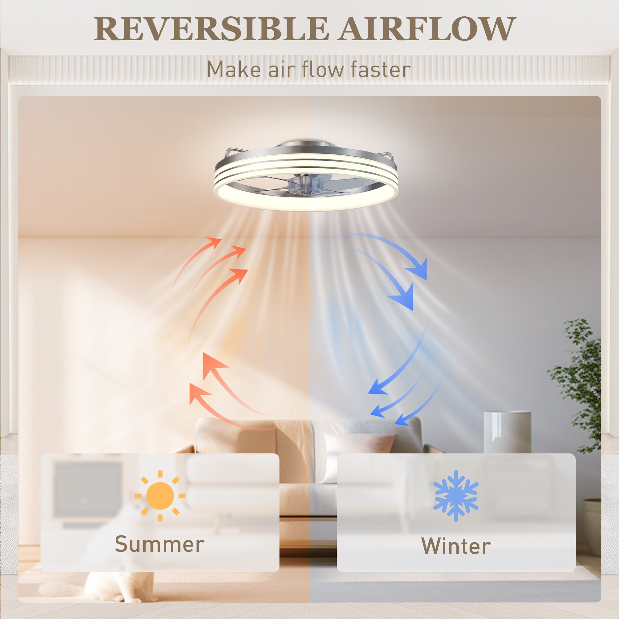 Ceiling Fans with Lights and Remote & App Control, 50 cm Modern LED Ceiling Fan Light with 3 Colour Temperatures, 6 Speed, Timer, Dimmable, Quiet Reversible DC Motor, for Bedroom, Silver Tone