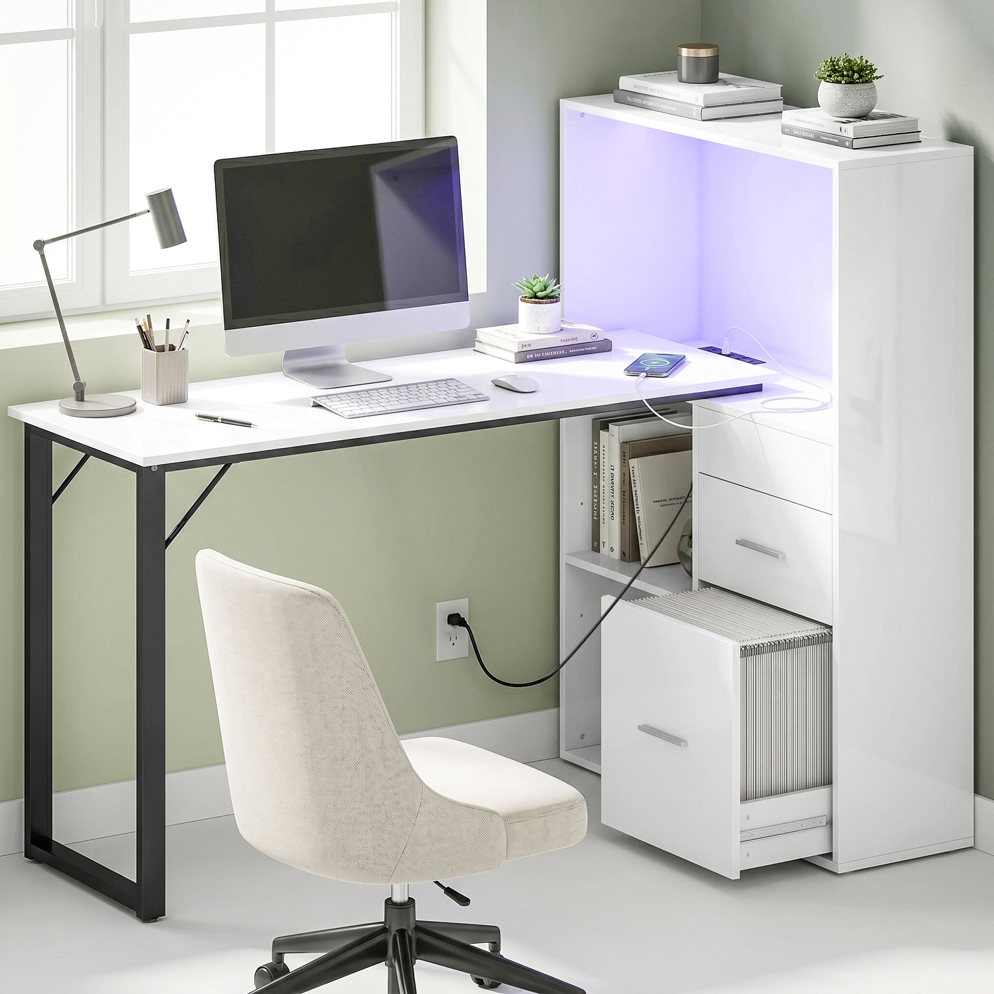 54" Computer Desk with Drawers, Home Office Desk with Power Outlets and LED Lights, Writing Table with File Drawer and Open Shelves for Bedroom, White
