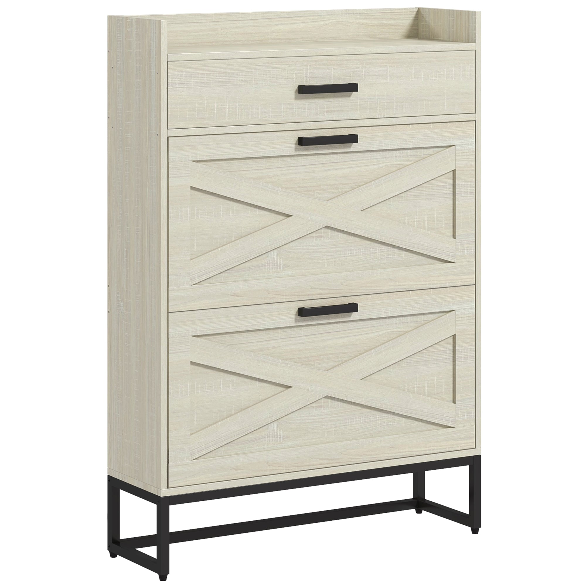 Slim Shoe Storage Cabinet w/ 2 Drawers & Adjustable Shelves for 12 Pairs, Distressed White