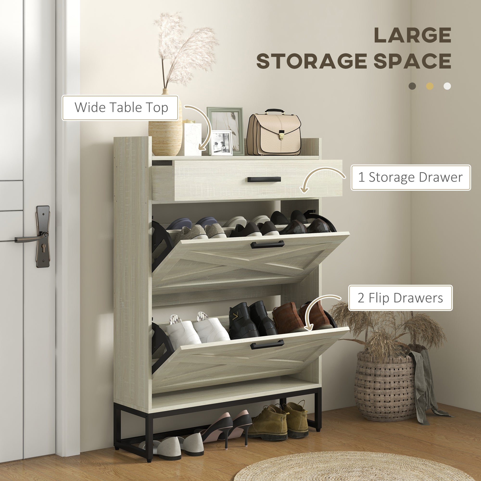 Slim Shoe Storage Cabinet w/ 2 Drawers & Adjustable Shelves for 12 Pairs, Distressed White