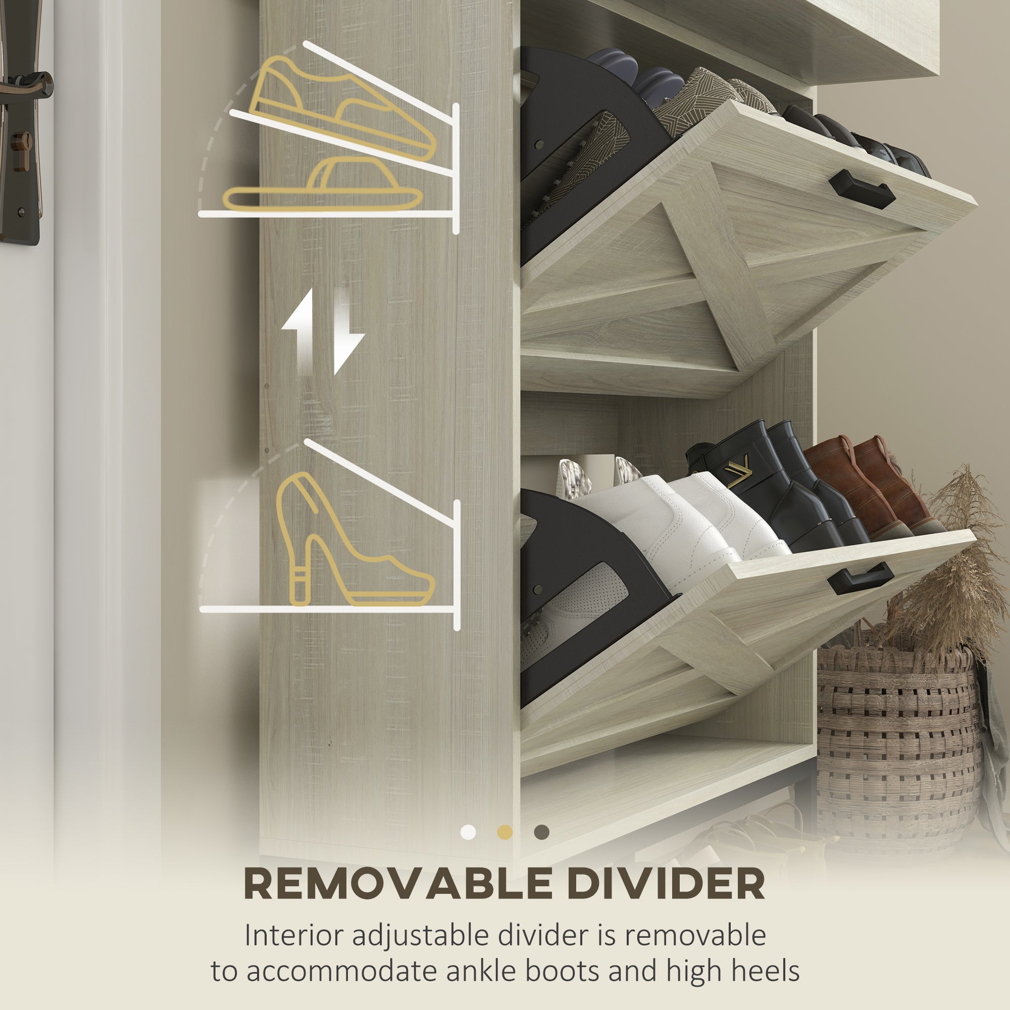 Slim Shoe Storage Cabinet w/ 2 Drawers & Adjustable Shelves for 12 Pairs, Distressed White