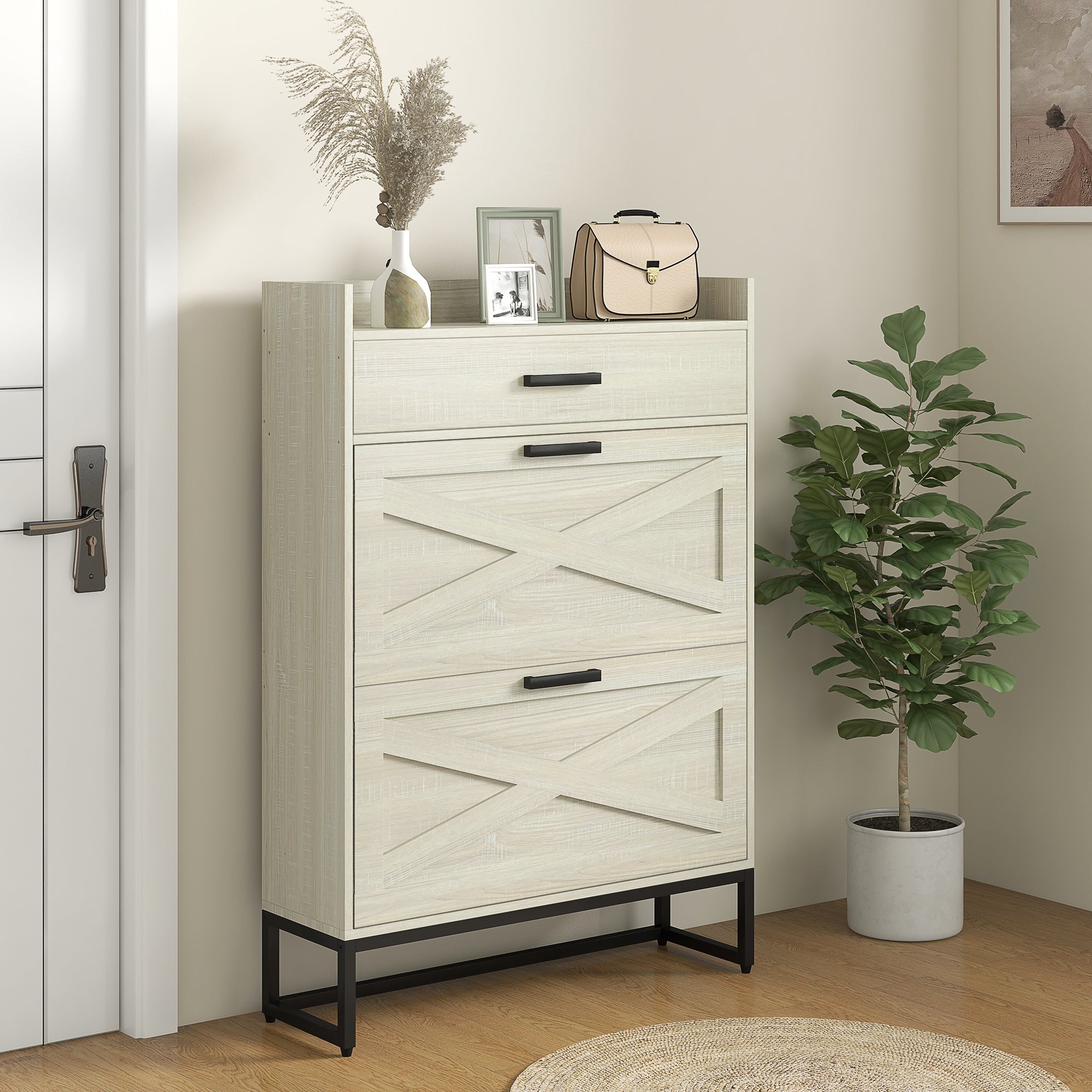 Slim Shoe Storage Cabinet w/ 2 Drawers & Adjustable Shelves for 12 Pairs, Distressed White